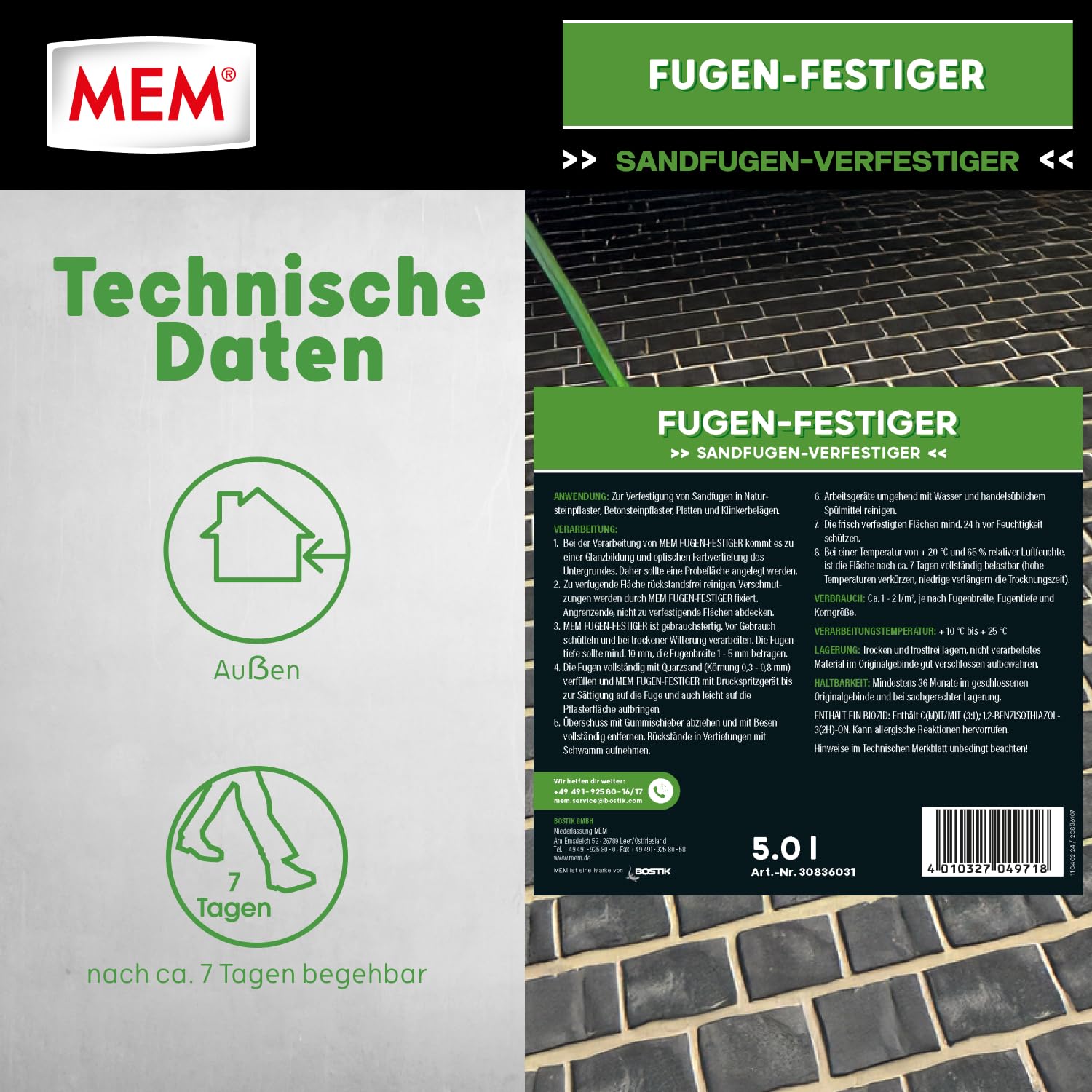 MEM Fugen-Festiger, Fugenabdichtung für Sandfugen, Pflaster & Terrasse, Für Risse & Fugenrisse, Unkrauthemmend, Wasserdurchlässig, Frostbeständig, Lösemittelfrei, Weiß (trocknet klar), 5 l Eimer