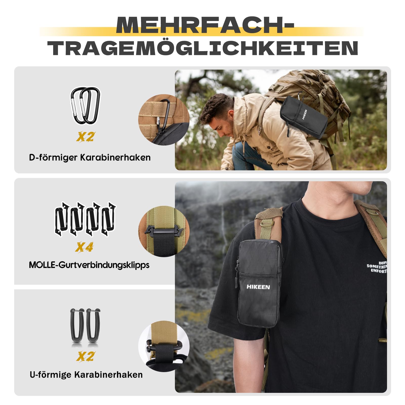 Hikeen X-Pac Multifunktions-Handytasche mit Karabiner: wasserdichte Molle Tasche für Männer & Frauen, EDC Pouch für Outdoor, Camping, Jagd & Training- als Geschenk