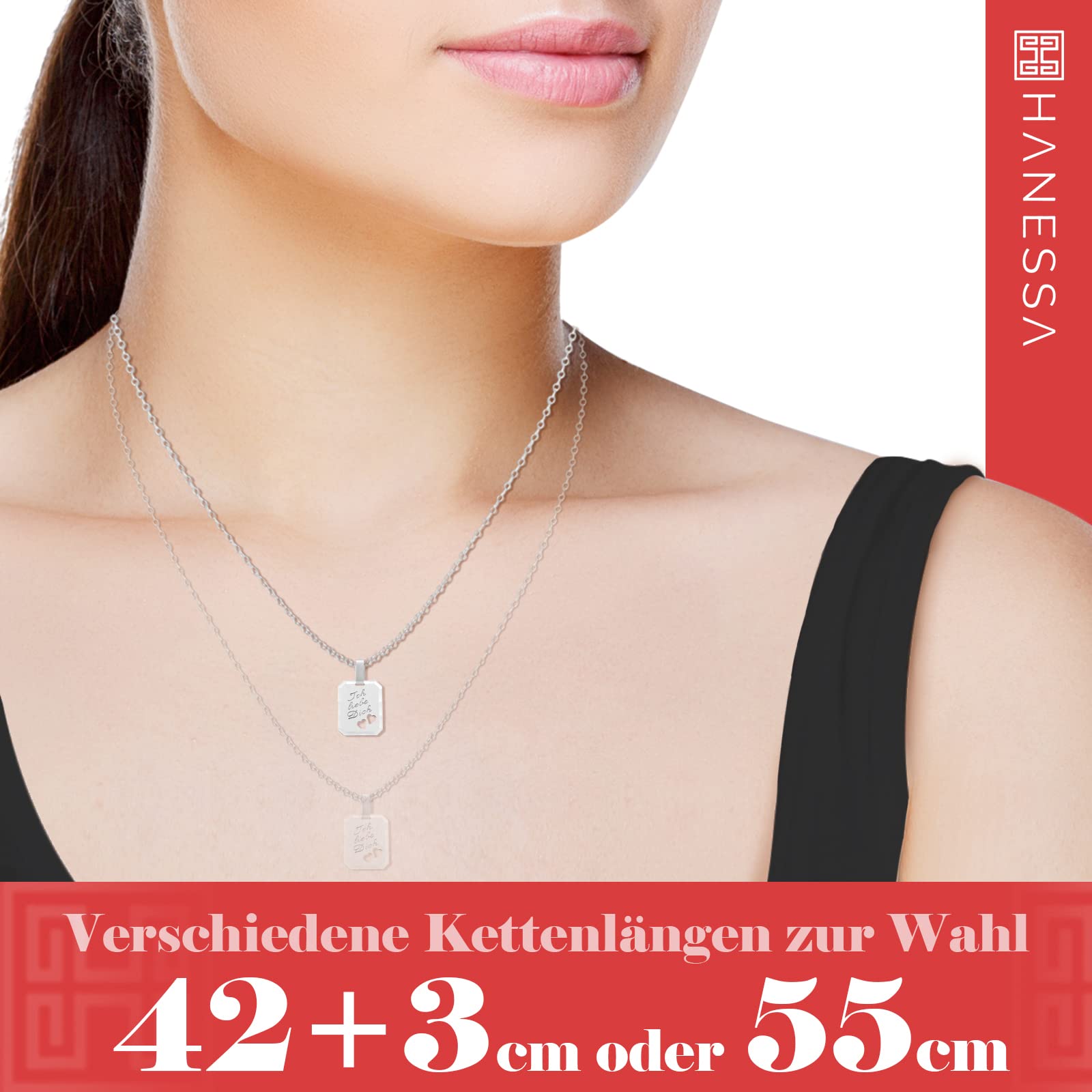 925 Sterling Silber Kette mit Gravur 42 + 3 cm mit Anhänger "Ich liebe Dich" Herz in silber - Personalisierte Halskette Damen Silberkette Schmuck - Geschenke personalisiert