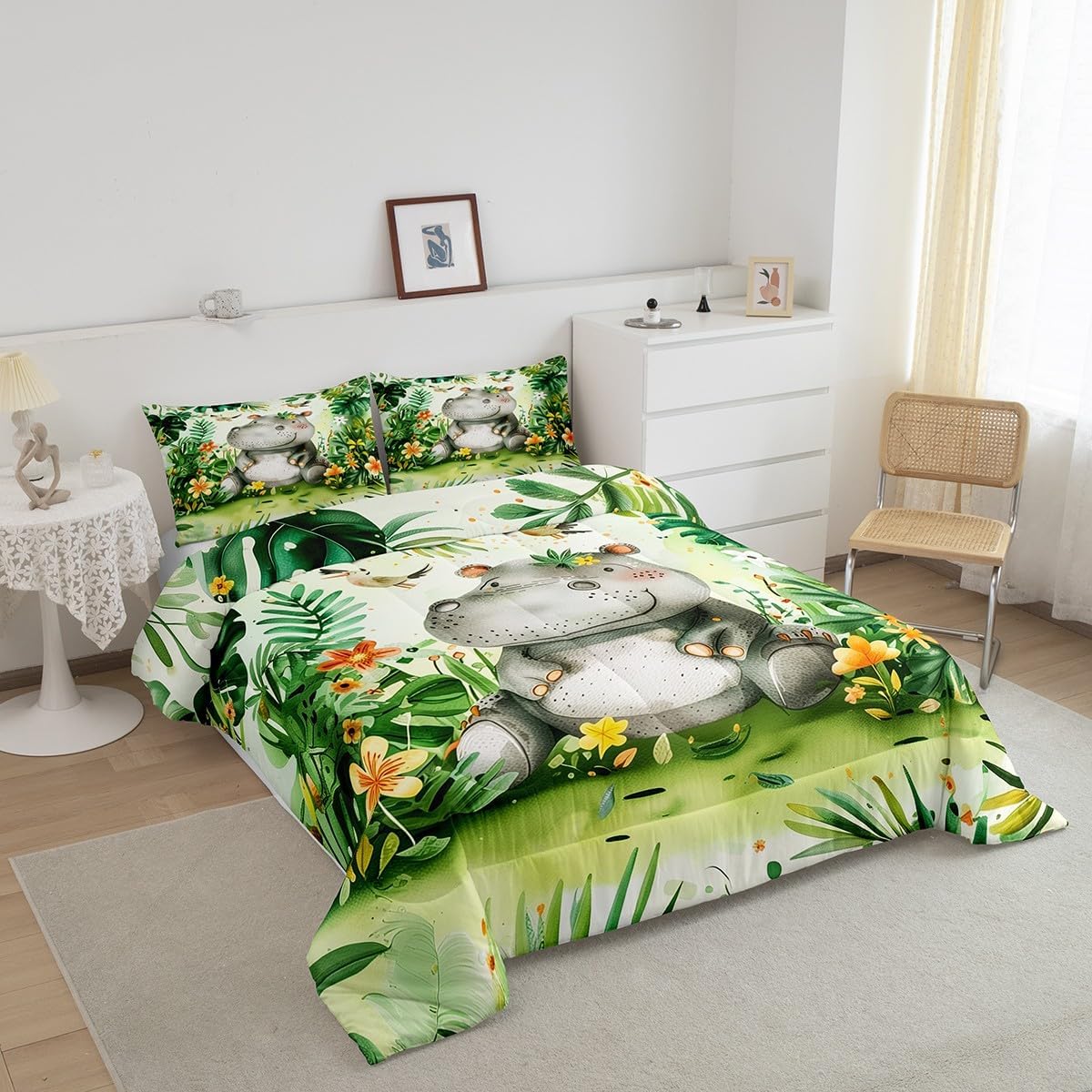 Feelyou Hippopotamus Bedding Set Twin Size Cute Hippo Comforter Set for Kids Wild Animals Comforter Women Men Teens Ultra Soft Decor Cartoon Zoo Animals Decor Duvet Set