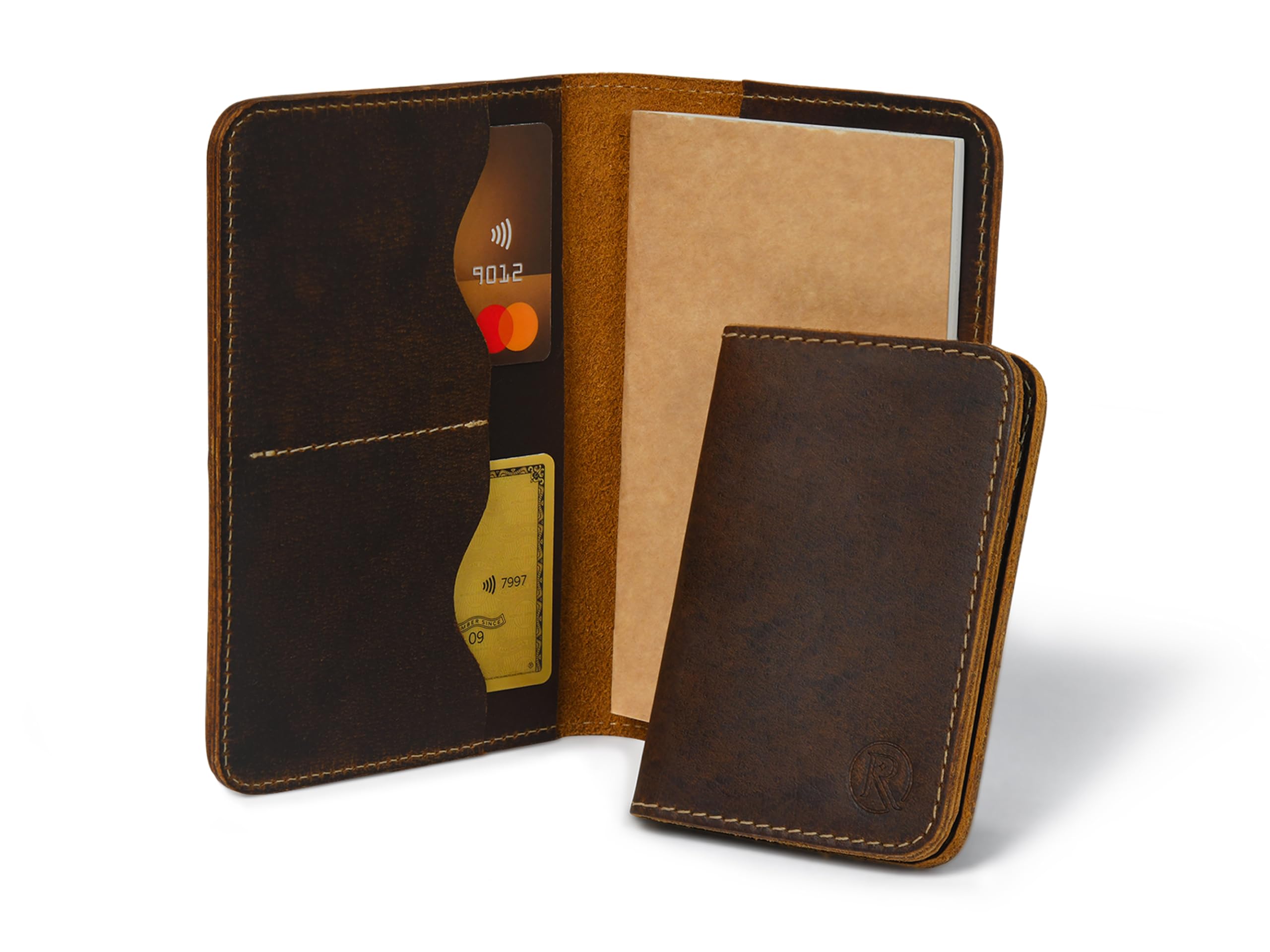 Leather Journal Cover for Field Notes With Card Holder and Pocket Notebook, for Moleskine Cahier, Handmade Vintage Leather Cover for 3.5" x 5.5" (Combo of 3) Brown