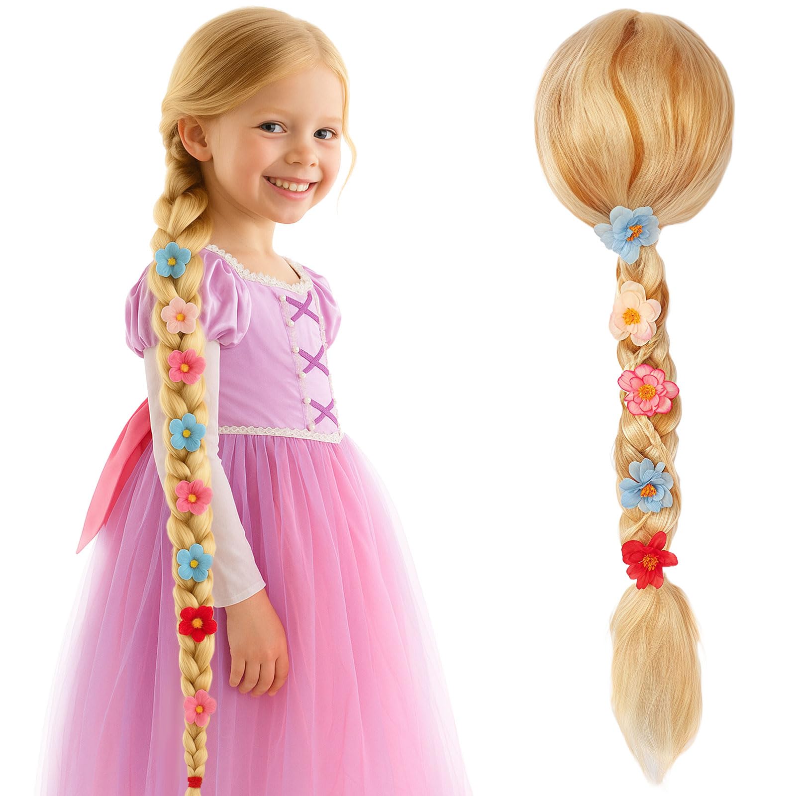 GWAWG Dziewczyny Księżniczka Peruka, Roszpunka Plet Blond Roszpunka Blond Kwiaty Dekoracje Tie-Kostium Halloween dla dziewczyn Halloween
