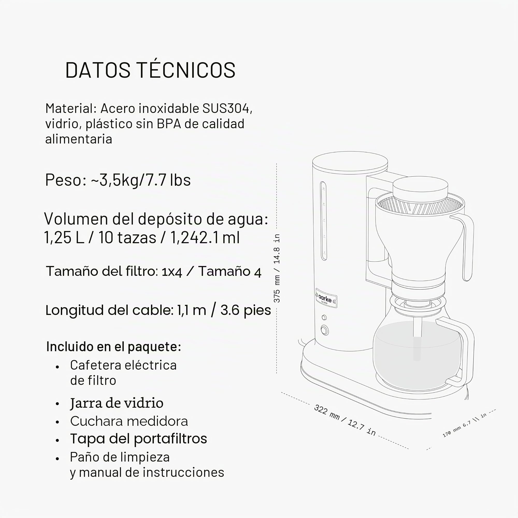 aarke Cafetera de filtro – Cafetera eléctrica, jarra de vidrio, función de mantenimiento de temperatura, capacidad de 10 tazas, 250 ml - 1.25L, diseño moderno, preparador de café para café de filtro
