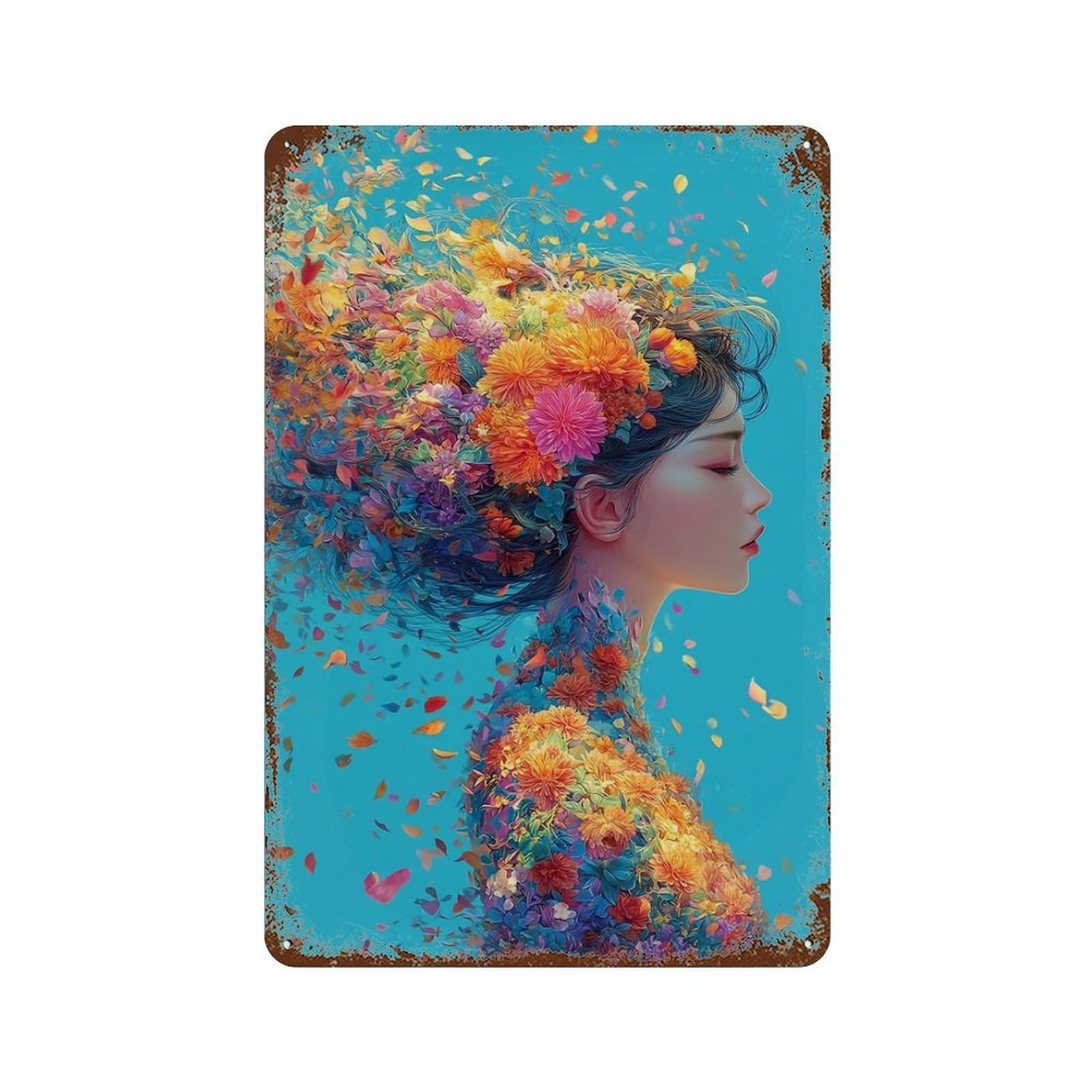 Floral Fantasy Woman Aged Metal Wall Plaque 11.8"x7.9", Classic Wall Plaque for Garage, Pub Or Kitchen