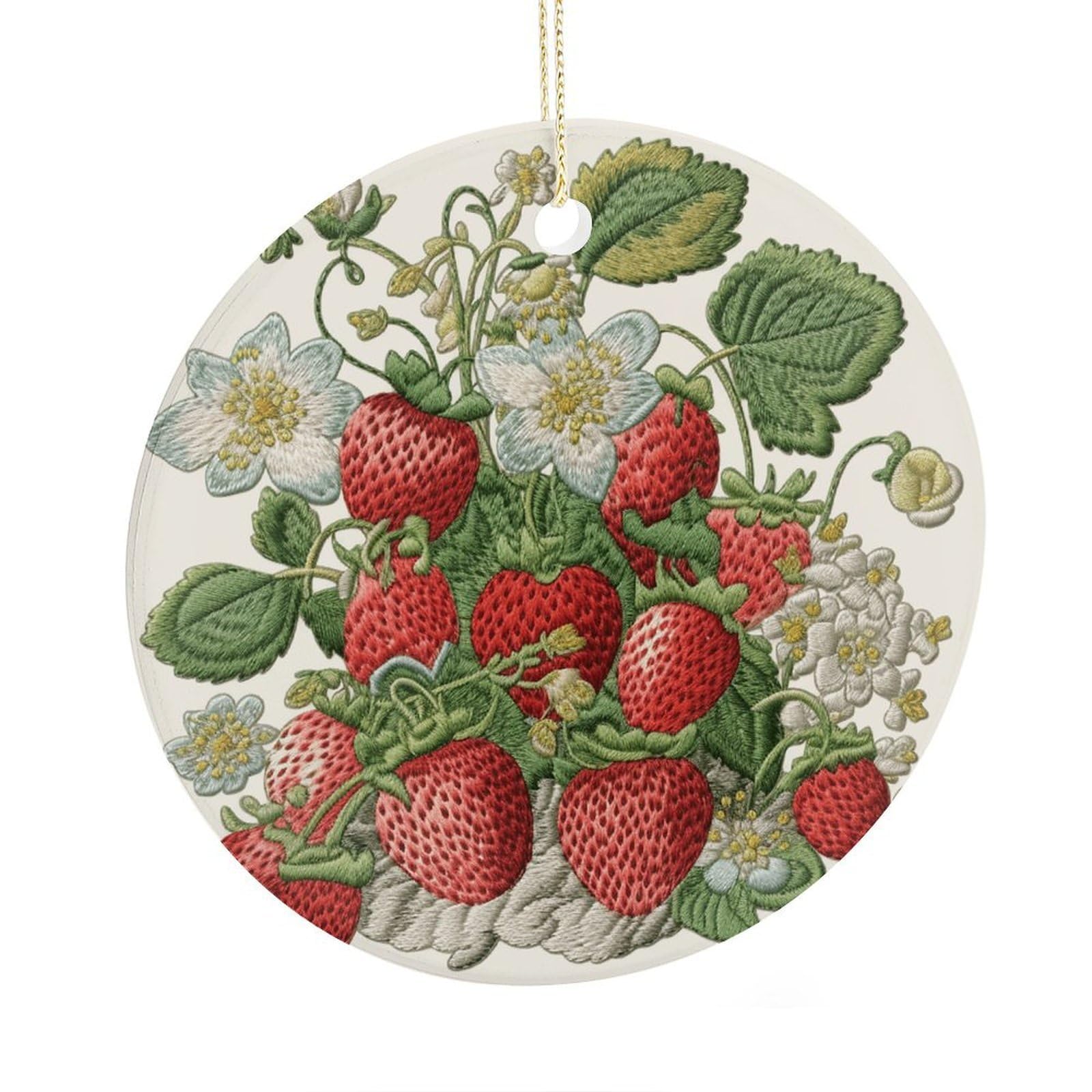 Adfgyerh Style Strawberry Embroidery Ceramic Circular Pendant,2.9 Inch，Hanging Ornament，Gift Exchange Idea Round Ceramic Ornament,For Mom And Daughter，For Home Indoor Outdoor Decor.