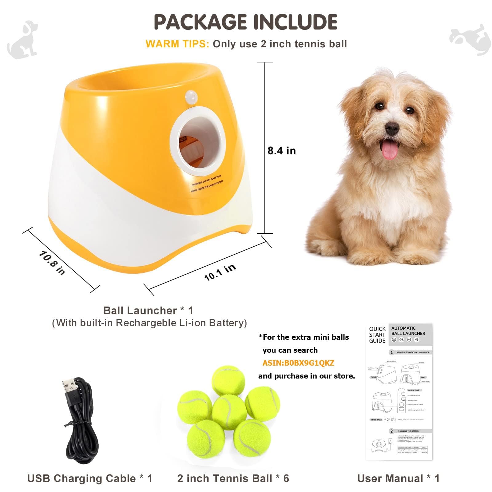 AutomaticDog Lanceur de balle pour chien, distance de 3 à 9 m, lanceur de balle rechargeable par USB, indicateur LED, jouet pour chien, 6 mini balles de tennis (5,1 cm) pour petits chiens, orange