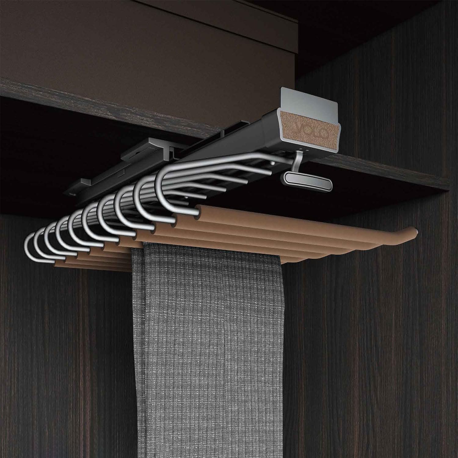VOLO Top Mounted Pull Out Trouser Rack – Smooth Sliding Pants Organizer for Wardrobe, Heavy Duty Mild Steel, 25 Kg Load Capacity, 18 Inch, Brown Mocha Finish | 10 Arms