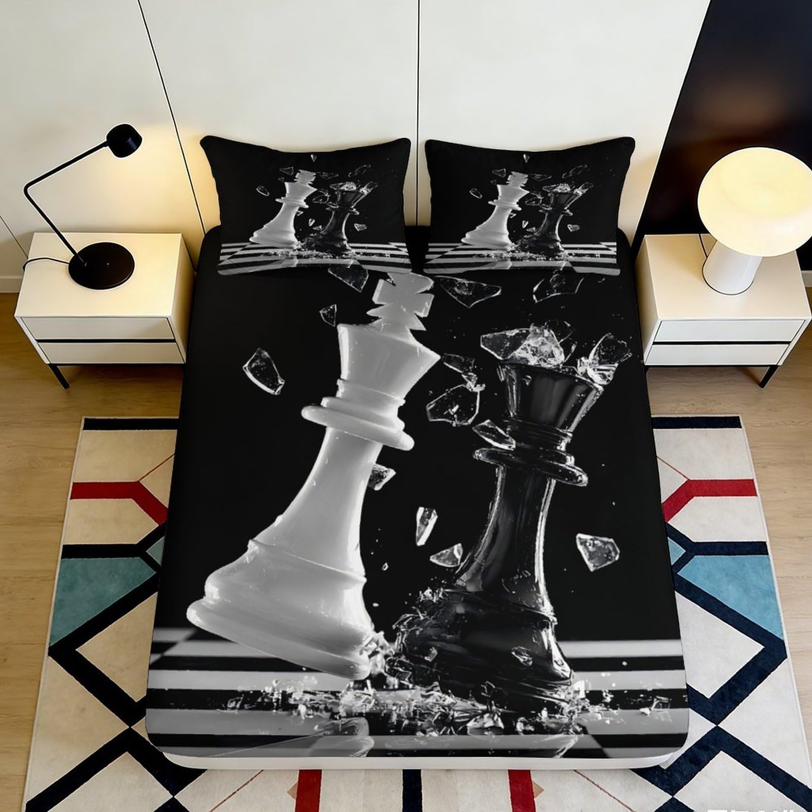 3D Printed Chess Battle Fitted Sheet Microfiber Black White Chessboard Mattress Cover Bedroom Dorm Protector Decor 200x200x25cm