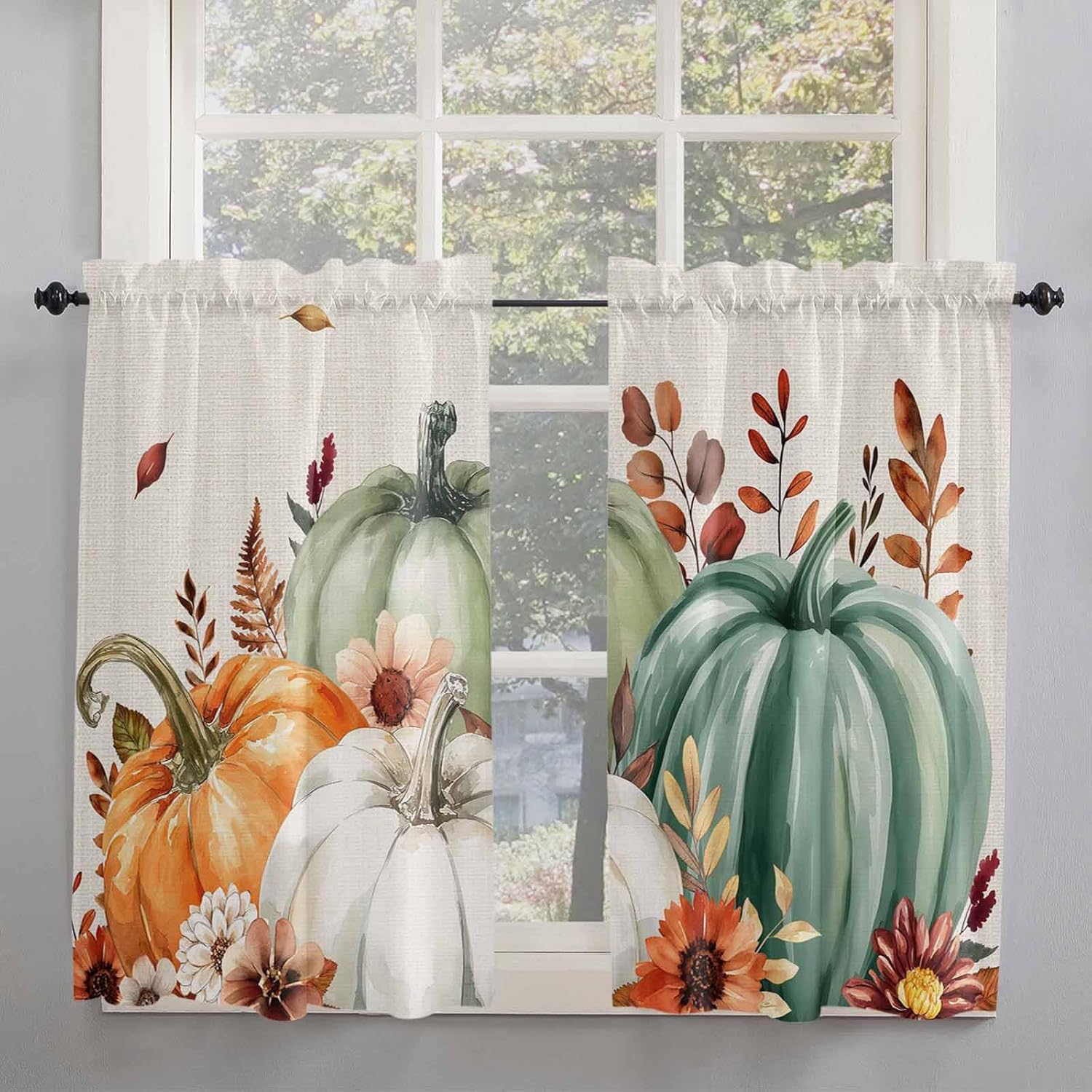 Orange Green Pumpkins Fall Kitchen Curtains,Thanksgiving Floral Botanical Rustic Light Filter Window Curtain Panels,2Pcs Rod Pocket Window Treatments Set for Living Room Bathroom Bedroom 42x63 Inches
