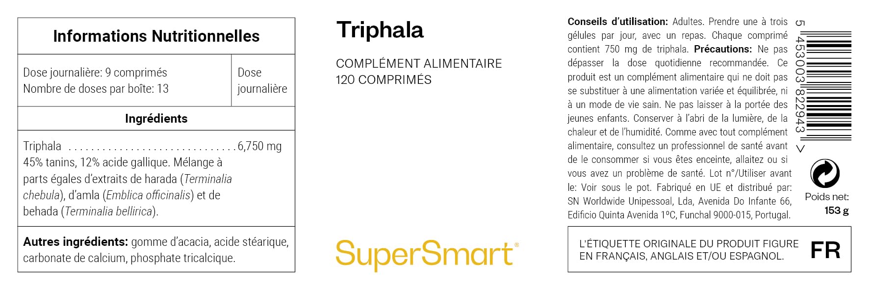 Triphala – Santé du Foie et Détox Intestinale - Complément Alimentaire Ayurvédique – Antioxydant Naturel en Comprimés – Detox foie et intestin - 120 comprimés – SuperSmart