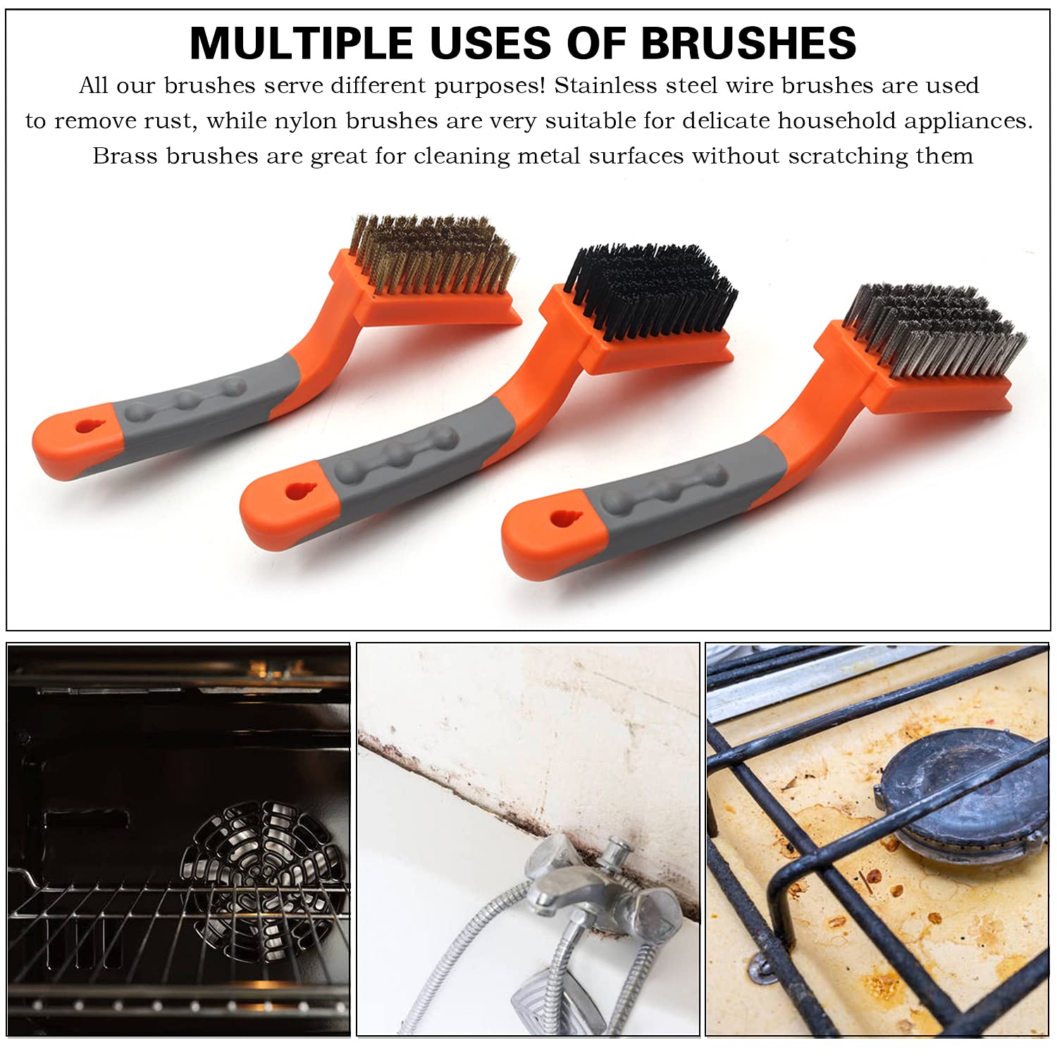 MAXMAN Wire Brush Set 3Pcs, Brass/Steel/Nylon Bristles, Rust &Paint Remover | Brass/Stainless/Nylon Wire Brushes for Cleaning, Rubber Curved Handle Grip, for Dirt & Paint Removal, Orange+ Gray