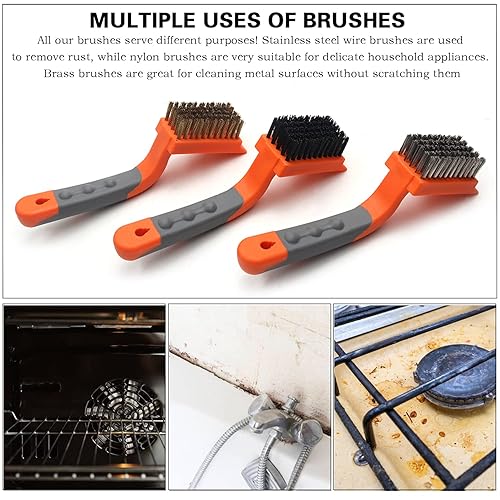 Miniatura 4 de MAXMAN Juego de 3 cepillos de alambre de latón/acero inoxidable/nailon para limpiar cerdas de óxido con mango curvado de goma, utilizado