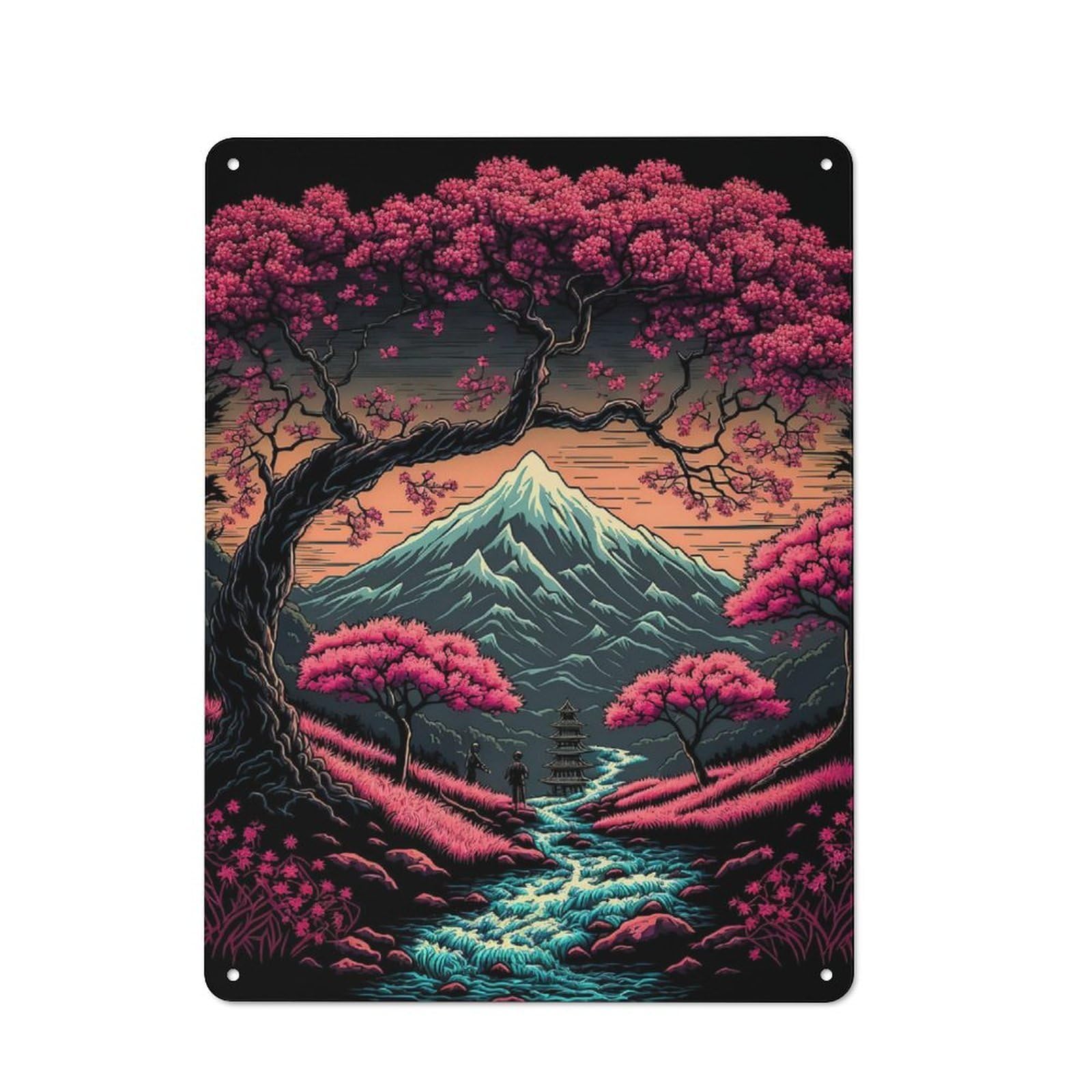 Junmoney Style-3 Cafe Style Decorative Metal Plaque 40X30cm Featuring Cherry Blossom Japan Magi, Bistro Wall Plaque For Tea Room, Shop Wall Or Breakfast Area