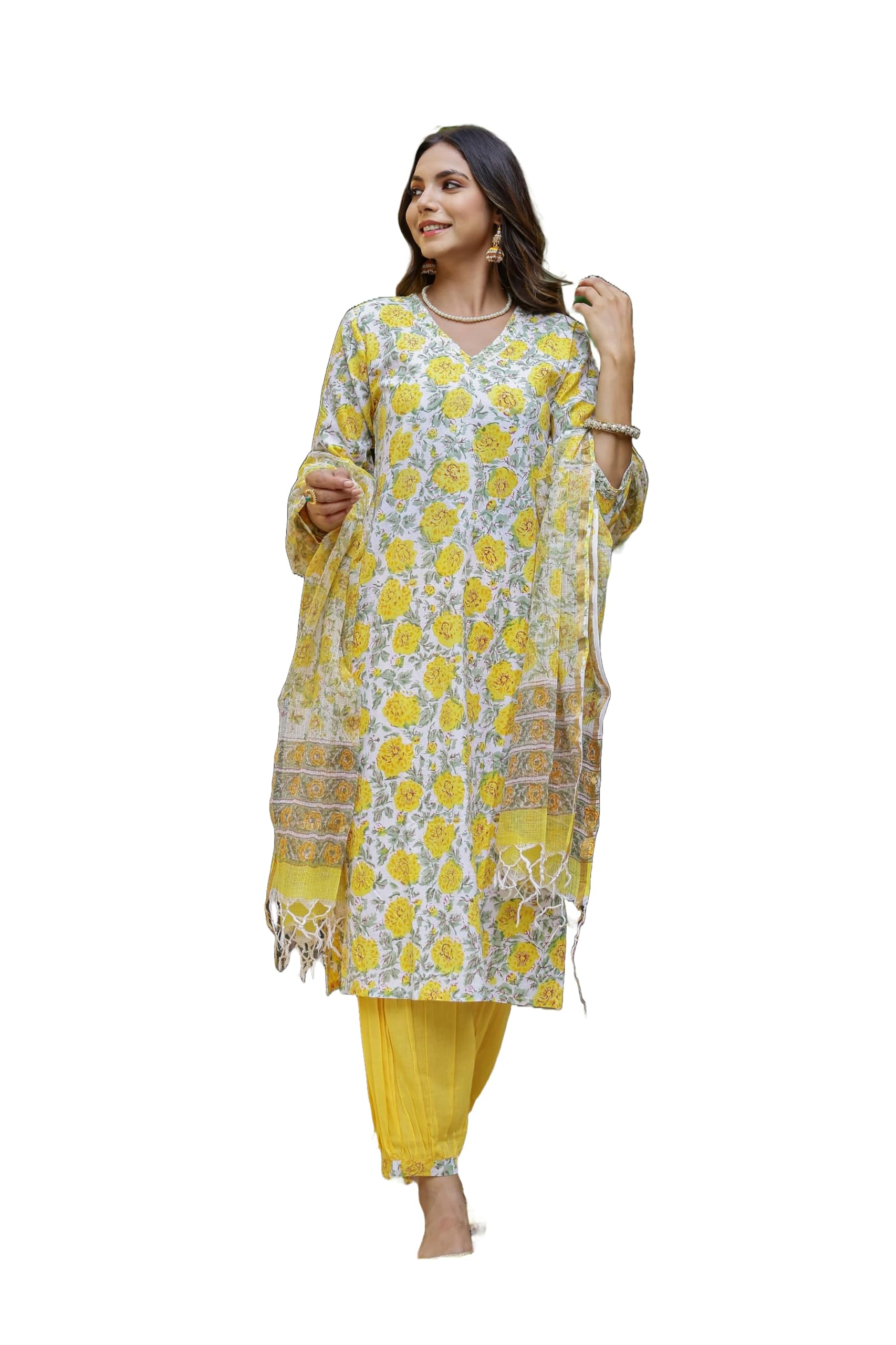 Lookmark Kurta Set: Fashion That Echoes Tradition: Make A Style Statement With Our Cotton Blend Kurti Pant Dupatta Sets! Yellow