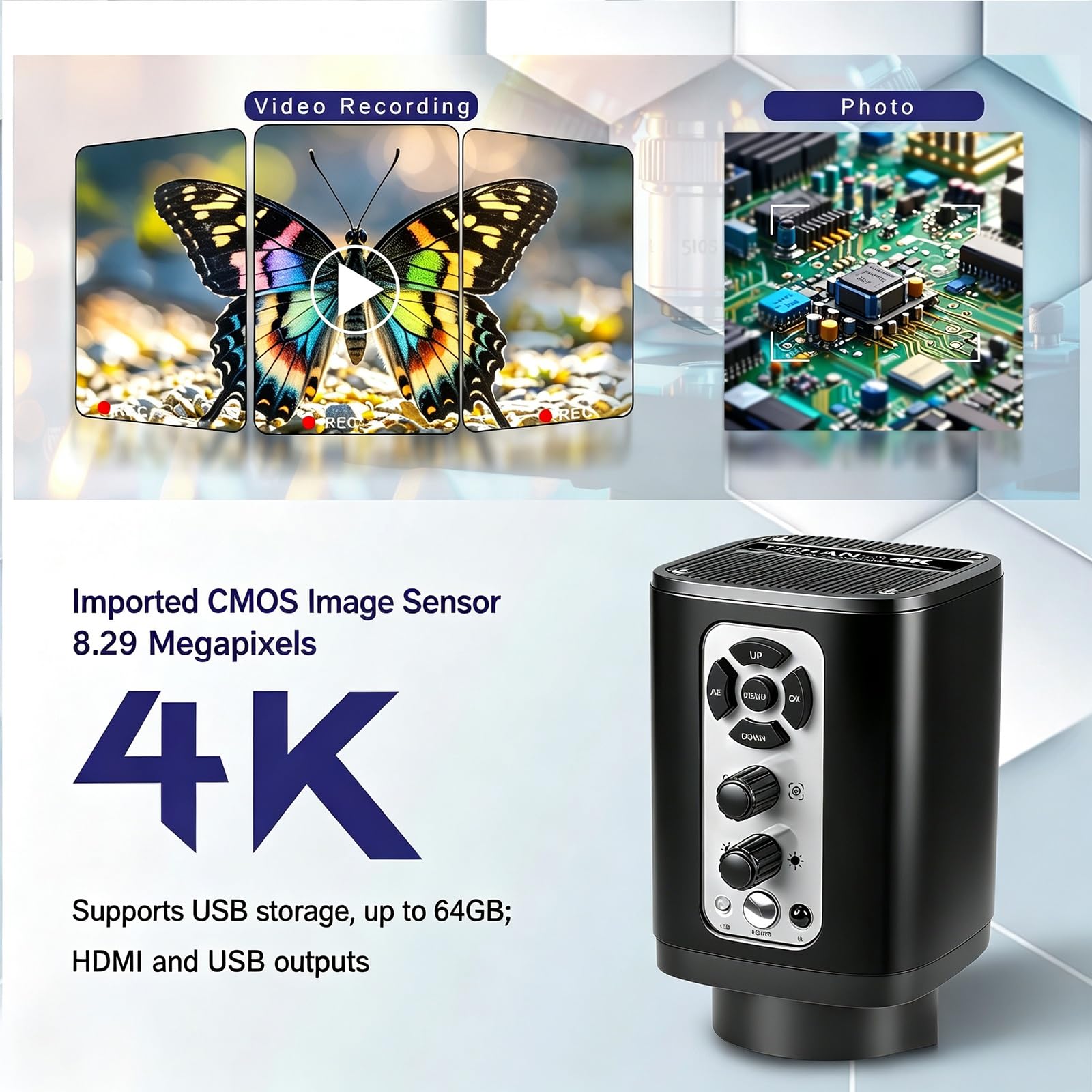 Videocamera per microscopio digitale 4K, telecamera ispezione industriale
