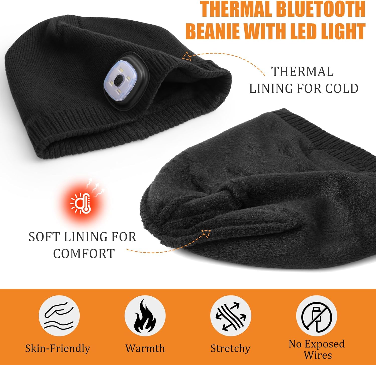 Wmcaps Unisex Bluetooth Beanie with LED Light, Fleece Lined Winter Hat with Headphones Speaker, Tech Gifts for Men Women Teen - Image 2