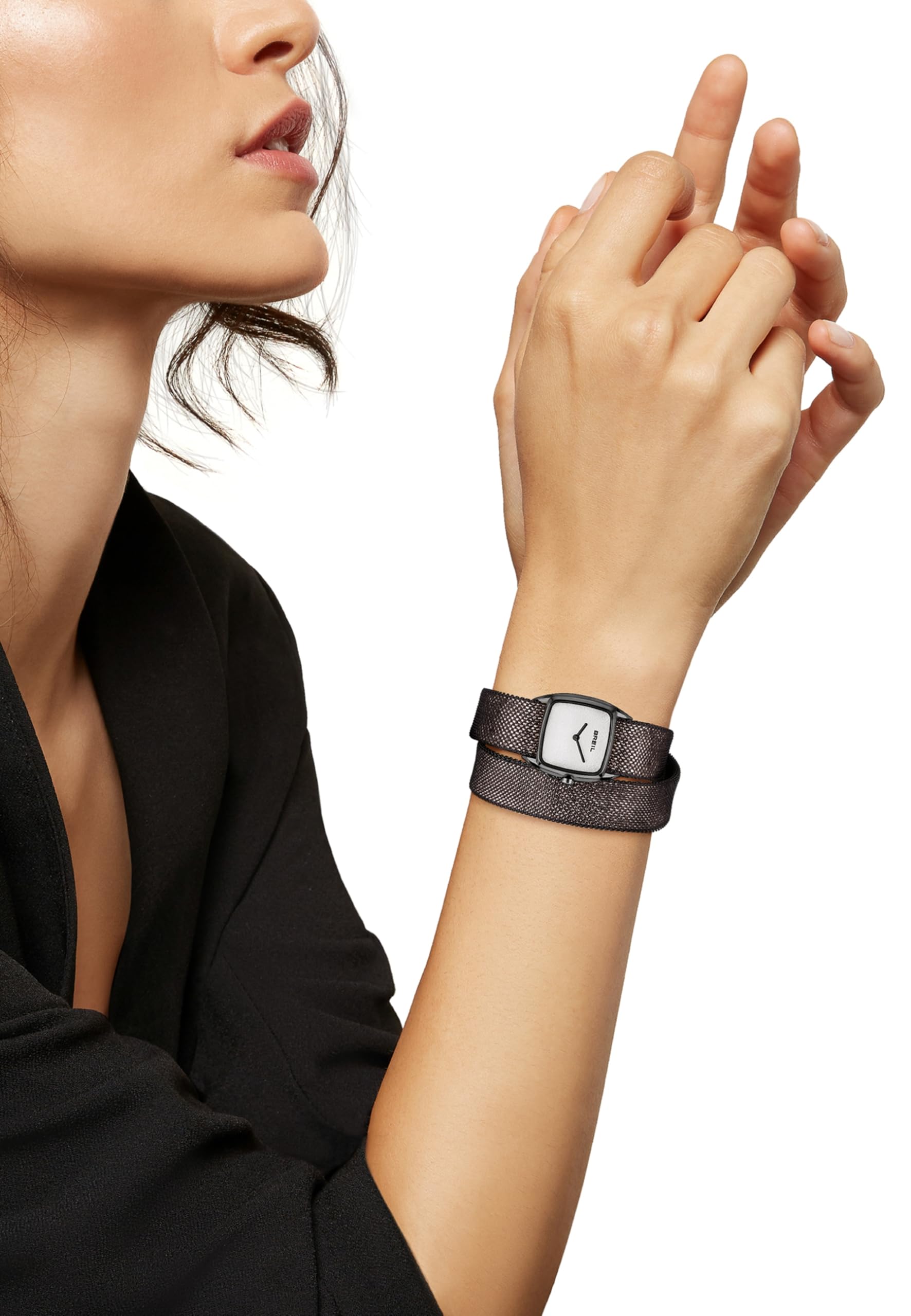 Breil - Orologio da Donna Collezione NEW SNAKE WATCH TW1853 - Orologio da Polso in Maglia in Acciaio Lucido con Cinturino in Pelle - Doppio Cinturino - Acciaio Nero