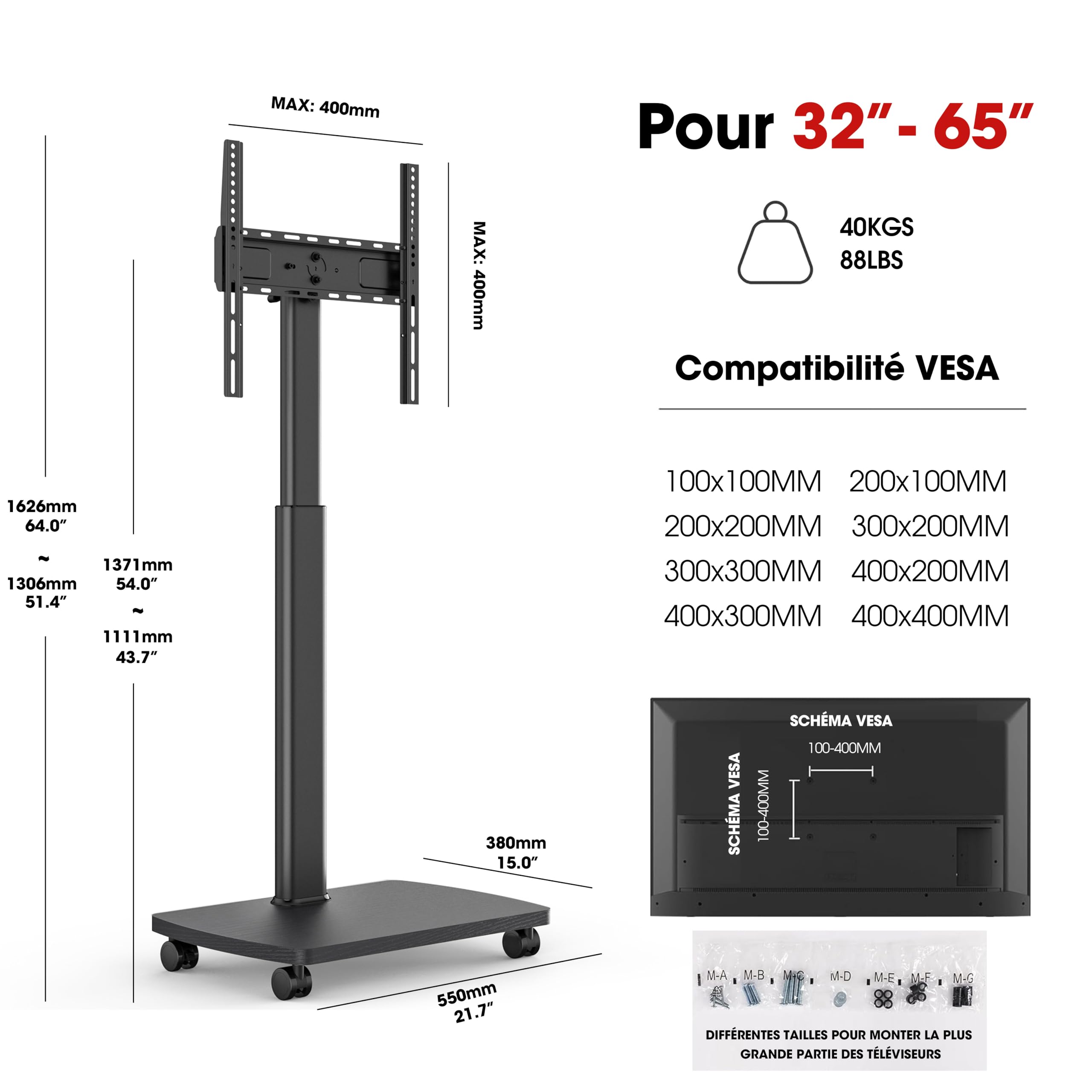 AOKCOS Support TV roulettes avec Base en Bois pour TV de 32-65 Pouces Horizontal et Vertical-Support TV sur Pied Plus Haut 1306-1626 MM Inclinaison 12° jusqu'à 35 KG Max. VESA 400x400mm