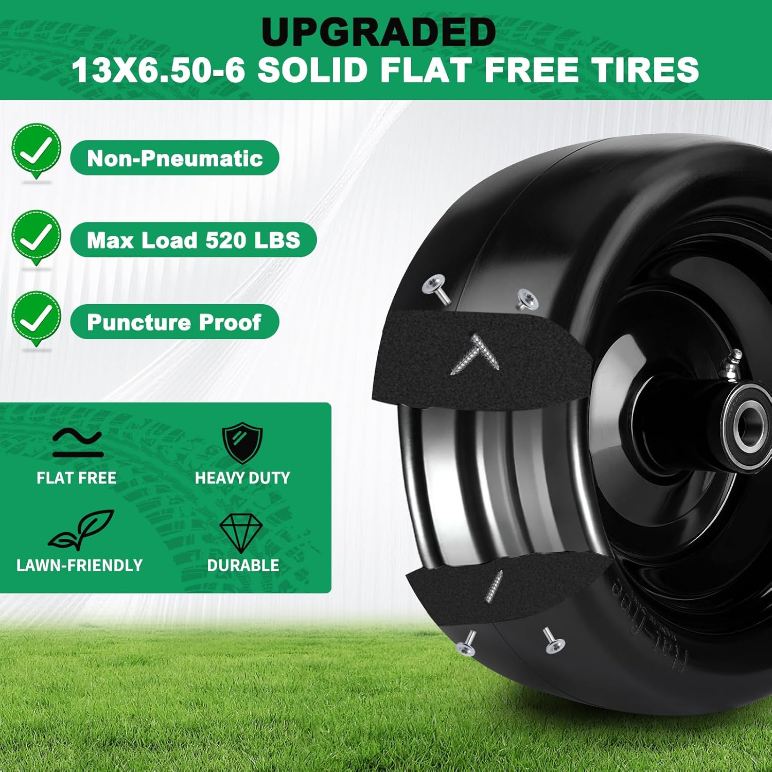 2pcs 13x6.50-6 Flat Free Lawn Mower Tires and Wheels, 13x6.5-6 Zero Turn Mower Front Tire With 3/4", 5/8", 1/2" Bearings, 5.6"- 8.7" Centered Hub, For Residential & Commercial Garden Lawn, Load 520LBS