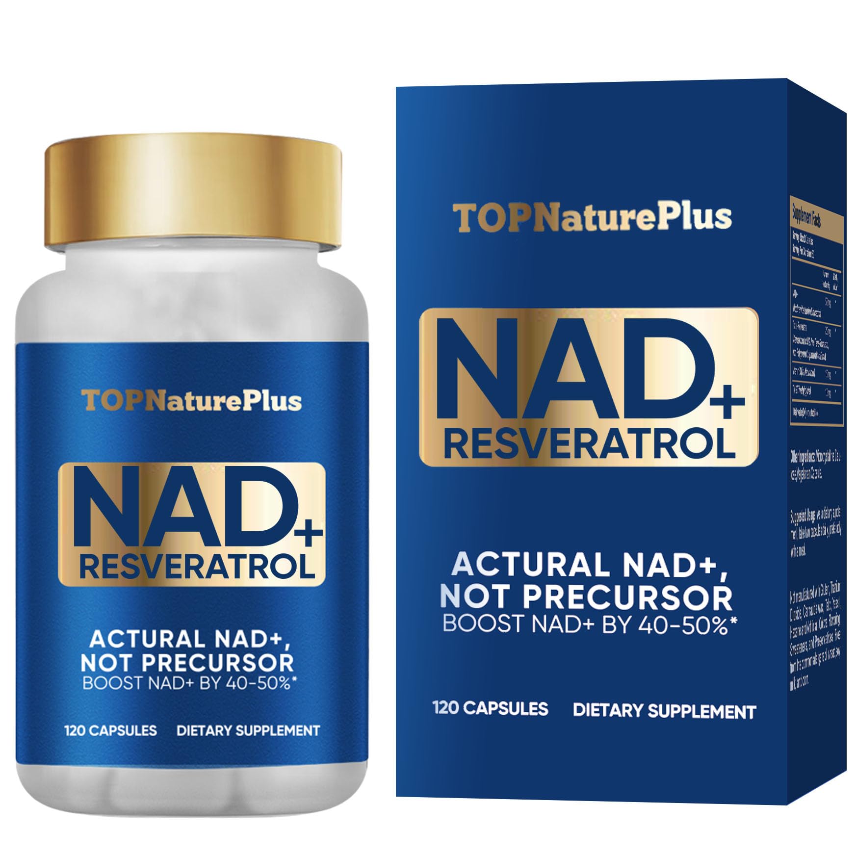 NAD+ Supplement 1000 mg Pure Organic, Highest NAD+ Resveratrol Supplement Max Absorption for Energy and DNA Repair, Aging Defense, Brain Function Support, 120 Capsules