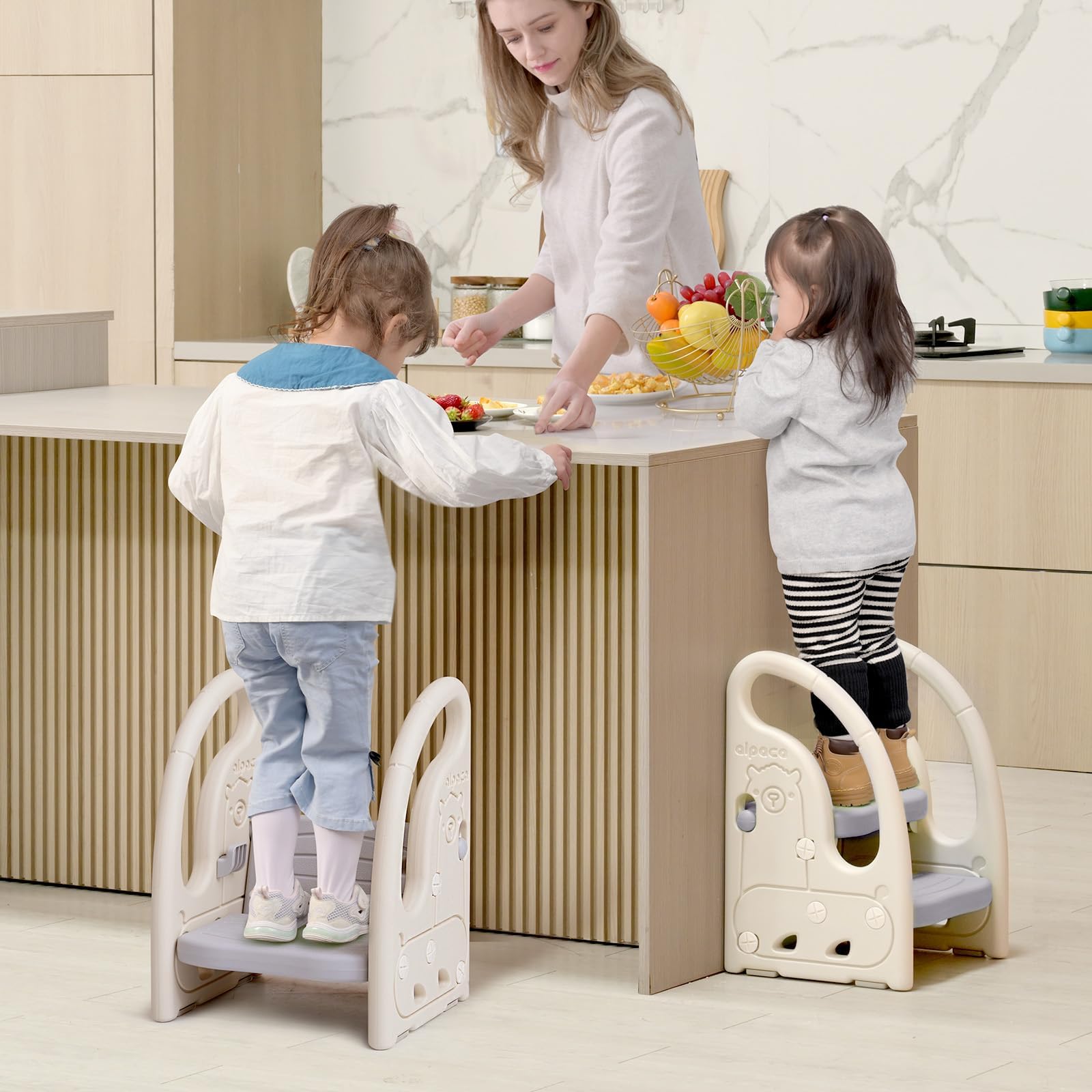 Onasti Sgabello a due gradini per bambini, Scaletta gradini, Sedile per Addestramento per WC, Multifunzione, Regolabile in Altezza, Con braccioli, Antiscivolo - Da 1.5 a 5 Anni circa