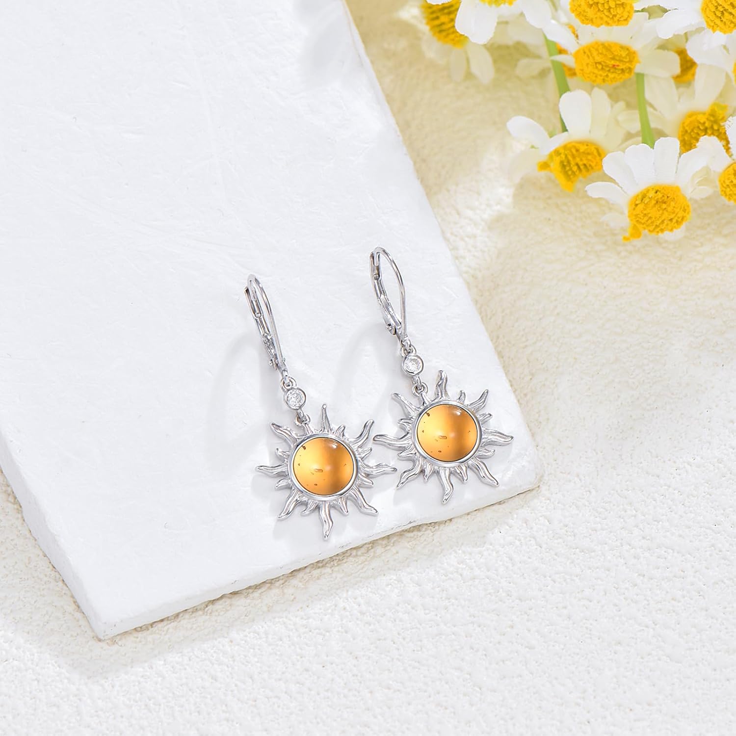 KZX Sun Earrings for Women S925 Sterling Silver Amber/Lapis Lazuli/Malachite/LabradoriteSun Dangle Drop Jewelry Gift for Mother Wife - Image 4