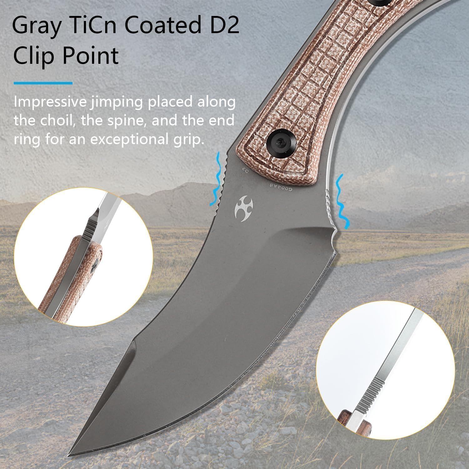 KANSEPT Niko Fixed blade Knife with Sheath, 3.54'' Grey TiCn Coated D2 Blade and Brown Micarta with Frag Pattern Handle, Adjustable Kydex Sheath for EDC, Fixed Knifes for Camping Hiking Fishing G004A8