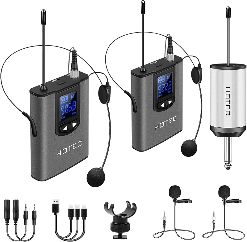 Sistema inalámbrico Hotec con micrófonos de auriculares duales/micrófonos de solapa Lavalier y transmisores Bodypack y un mini receptor recargable de salida de 1/4", para actuaciones en vivo