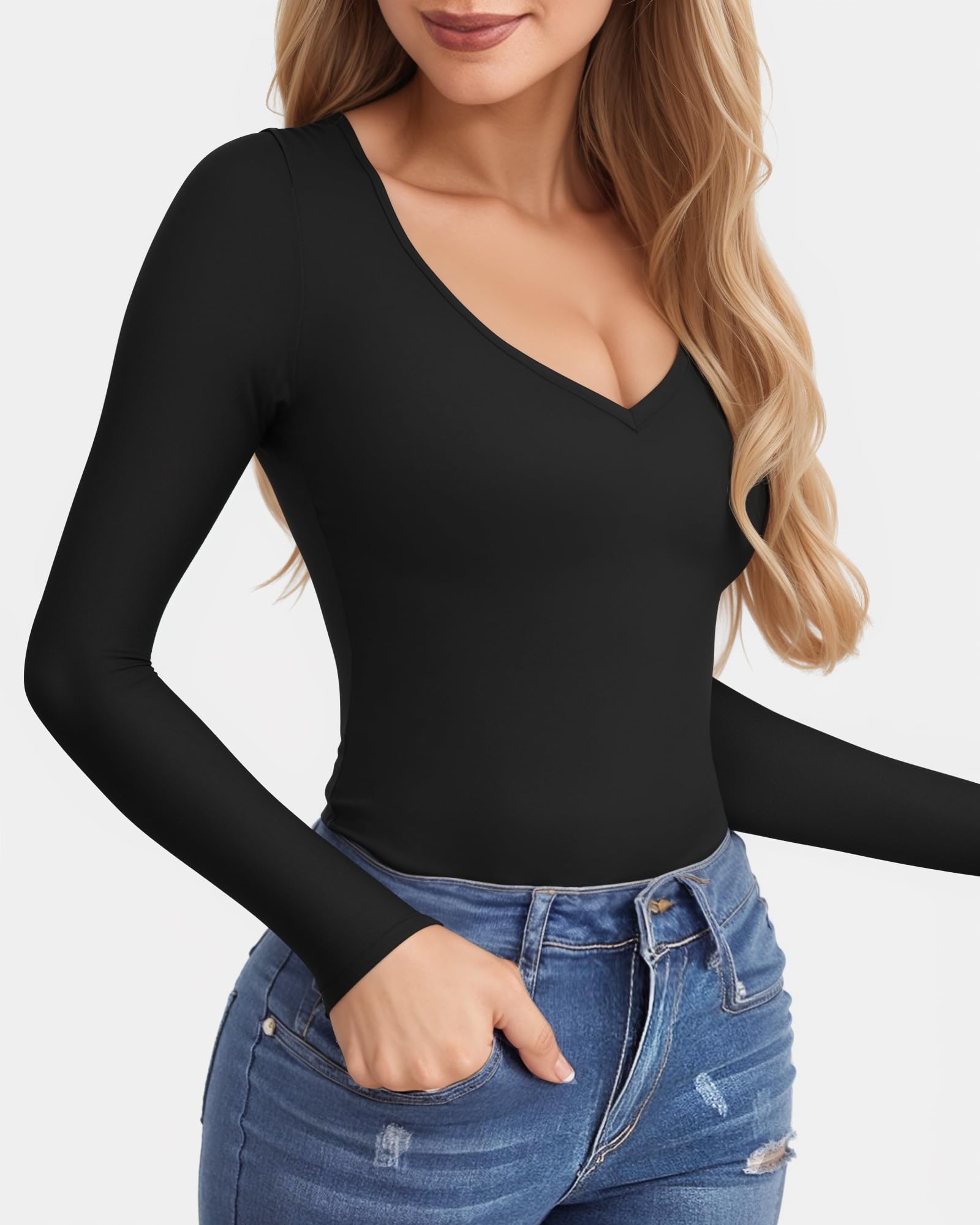 CLOZOZ Camisetas con cuello en V para mujer, ajustadas, ajustadas, básicas