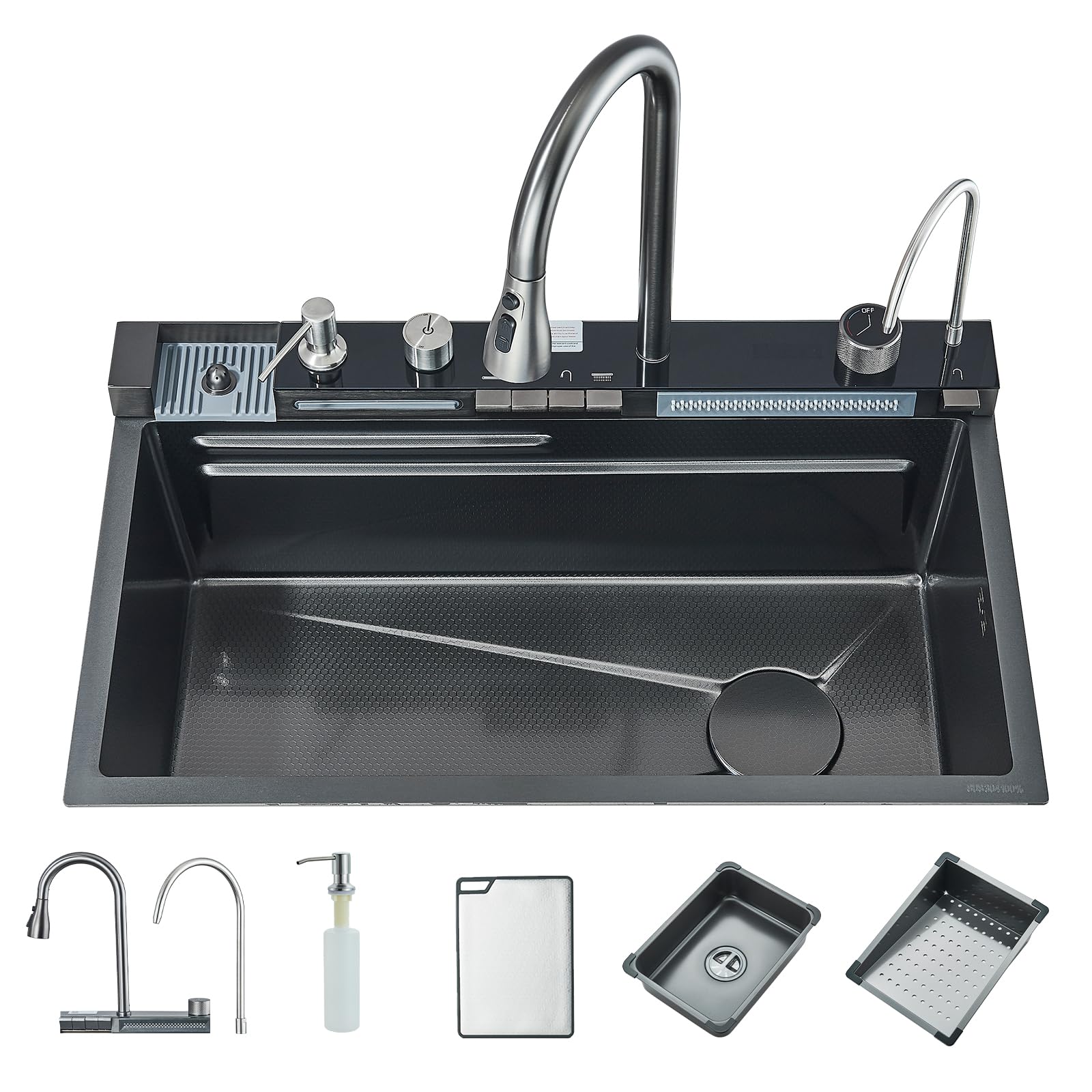 Évier de Cuisine Multifonction avec Haute Pression Robinet Cuisine Bec Extractible et 4 Modes de Pulvérisation Acier Inoxydable Gris Canon 75 * 45 * 21 Evier 1 Bac