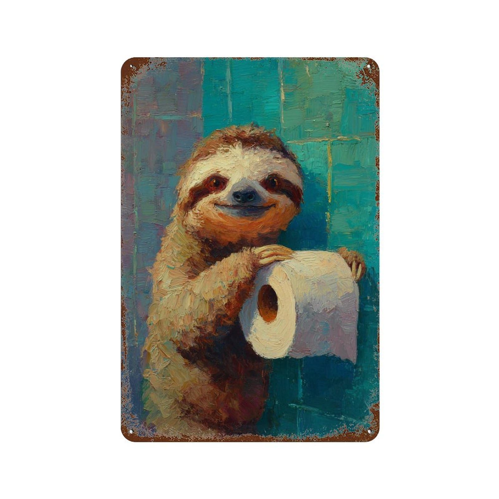 Rust Effect Sloth with Toilet Paper Roll-2 Aged Metal Wall Plaque 11.8"x7.9", Industrial Home Decor for Cafe, Home Bar And Lounge Decor