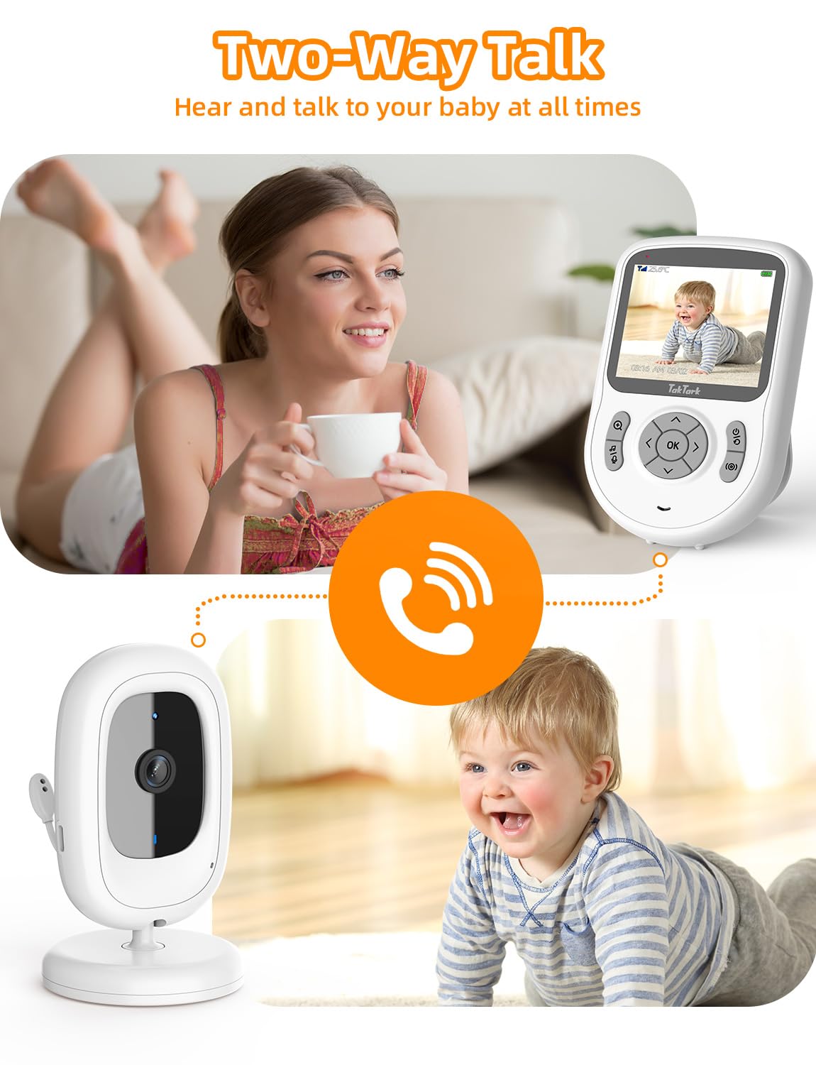TakTark Elektroniczna niania z kamerą [2,8 cala/720p IPS] elektroniczna niania z kamerą bez Wi-Fi, długi zasięg, akumulator 750 mAh, 2-drożna rozmowa, VOX, 3 × zoom, widoczność w nocy, monitorowanie