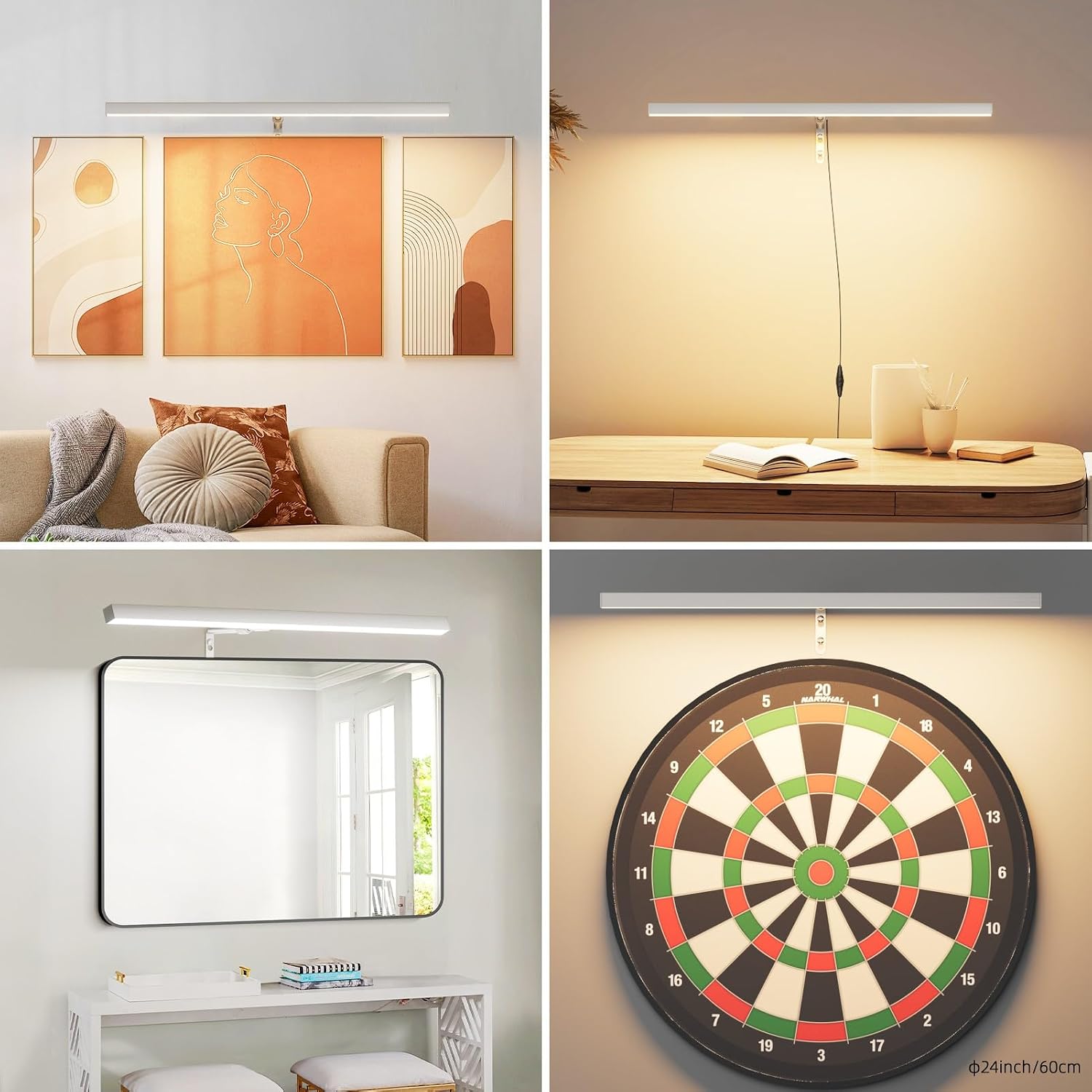 24" Plug in Picture Light for Paintings with Remote Control, 9W LED Art Display Lighting for Gallery, Dartboard, Artwork, Nickel Wall Mounted Picture Frame Light
