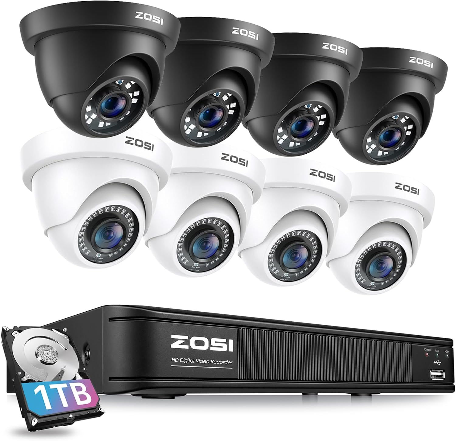 ZOSI H.265+ 1080p Home Security Camera System Outdoor, 5MP Lite 8 Channel CCTV DVR Recorder with Hard Drive 1TB and 8 x 1080p Surveillance Dome Camera with 80ft Night Vision, Motion Detection