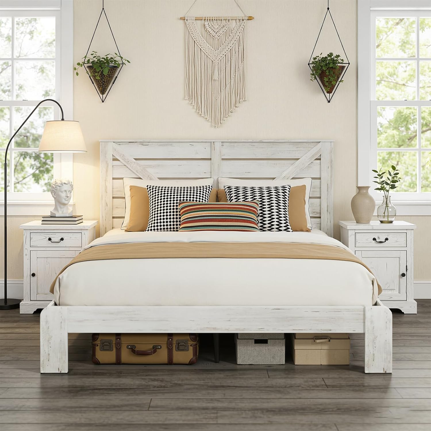 King Bed Frame and Headboard, Farmhouse Wood King Size Platform Bed Frame with Under Bed Storage, Metal Slats Support, No Box Spring Needed, Noise Free, Easy Assembly, White