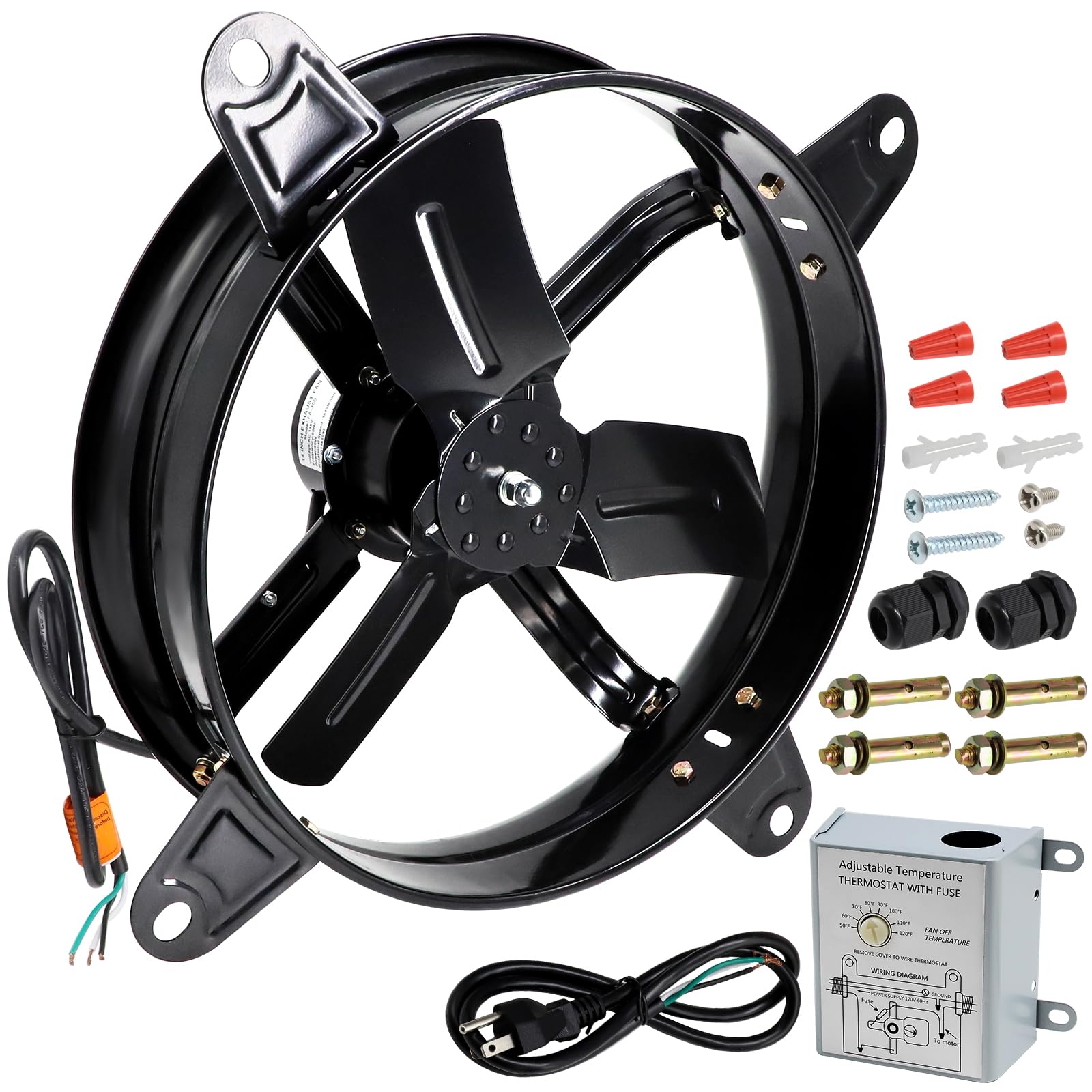 Hiorucet 14 Inch Wall Mounted Attic Gable Vent Fan with Adjustable Temperature Thermostat Control, 60HZ, 115V, 1510R/min, 60W, Gable Mount Vent Attic