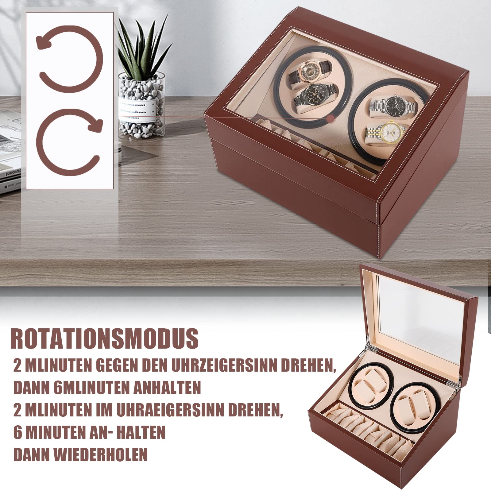 Futchoy Rotomat do zegarków automatyczny rotomat 4 + 6 pudełko na zegarki Watch Winder do zegarków automatycznych, brązowy