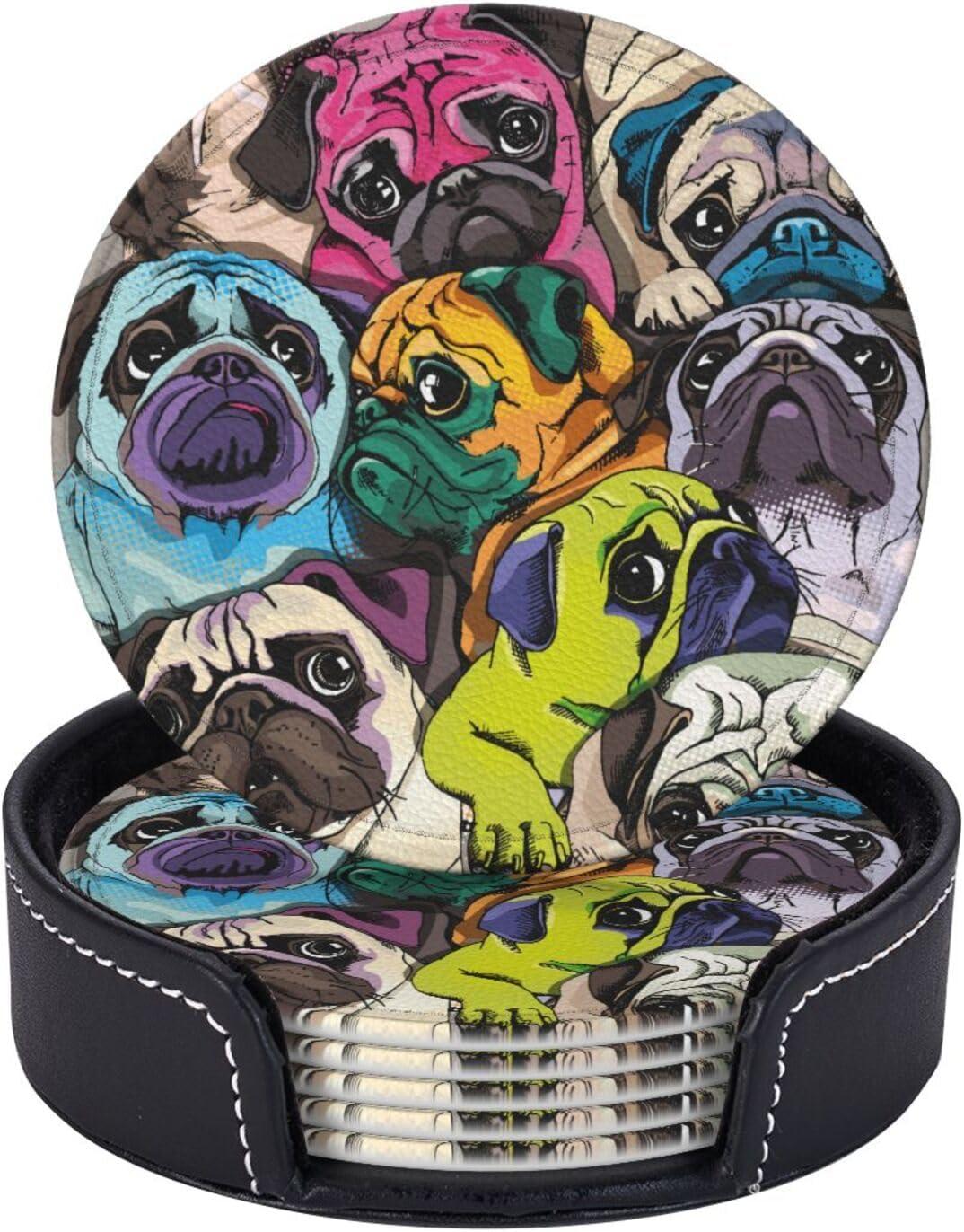 Pug Colorful Fun Dog Coasters For Drinks Round Leather Coaster With Holder Set Of 6 For Tabletop Protection Desk Accessories Office Home Room Decor