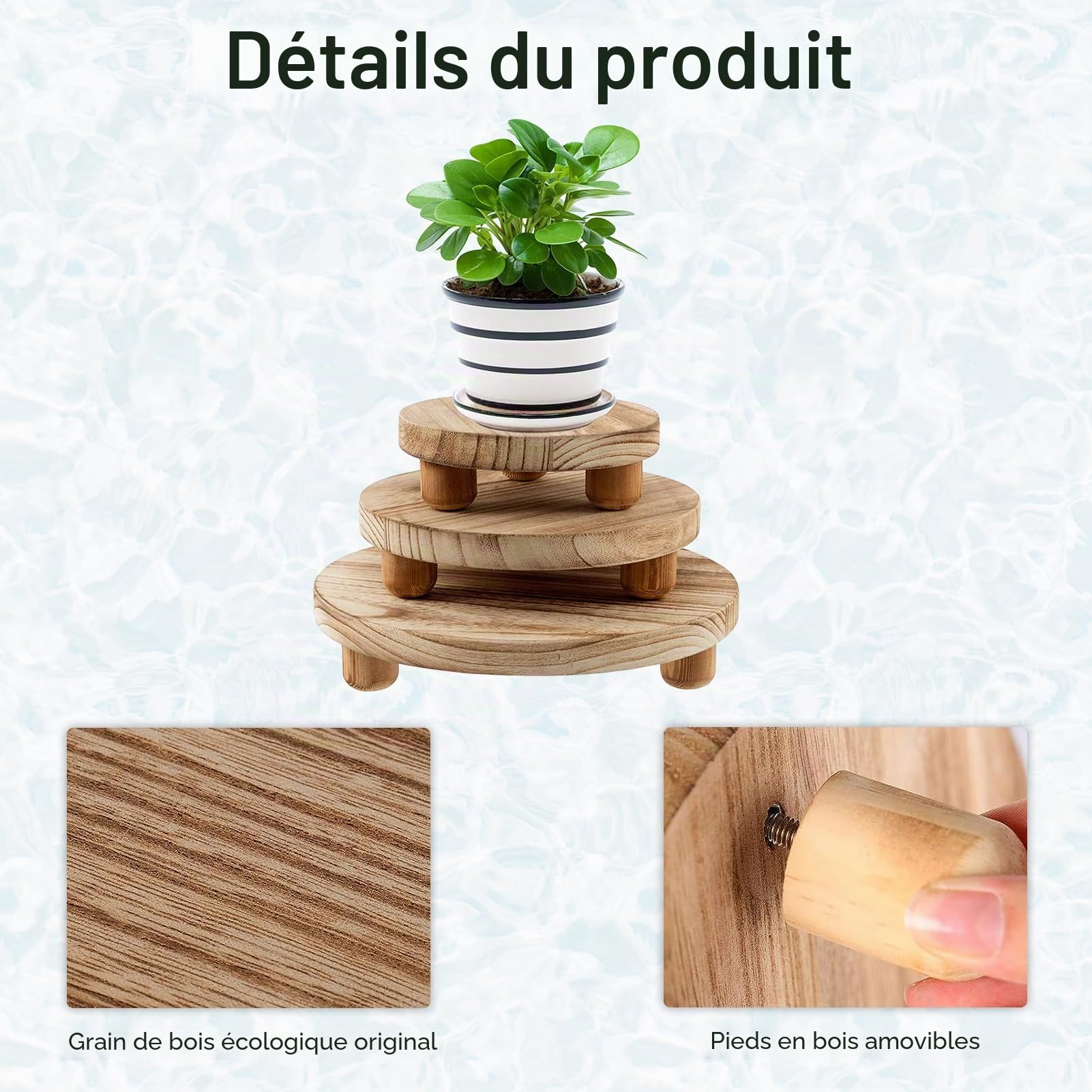 Tefola Lot de 3 Supports Ronds en Bois pour Plantes, 3 Tailles, Pot de Fleurs, Petit Support de présentation, Support décoratif pour Plantes d'intérieur, Cuisine, terrasse