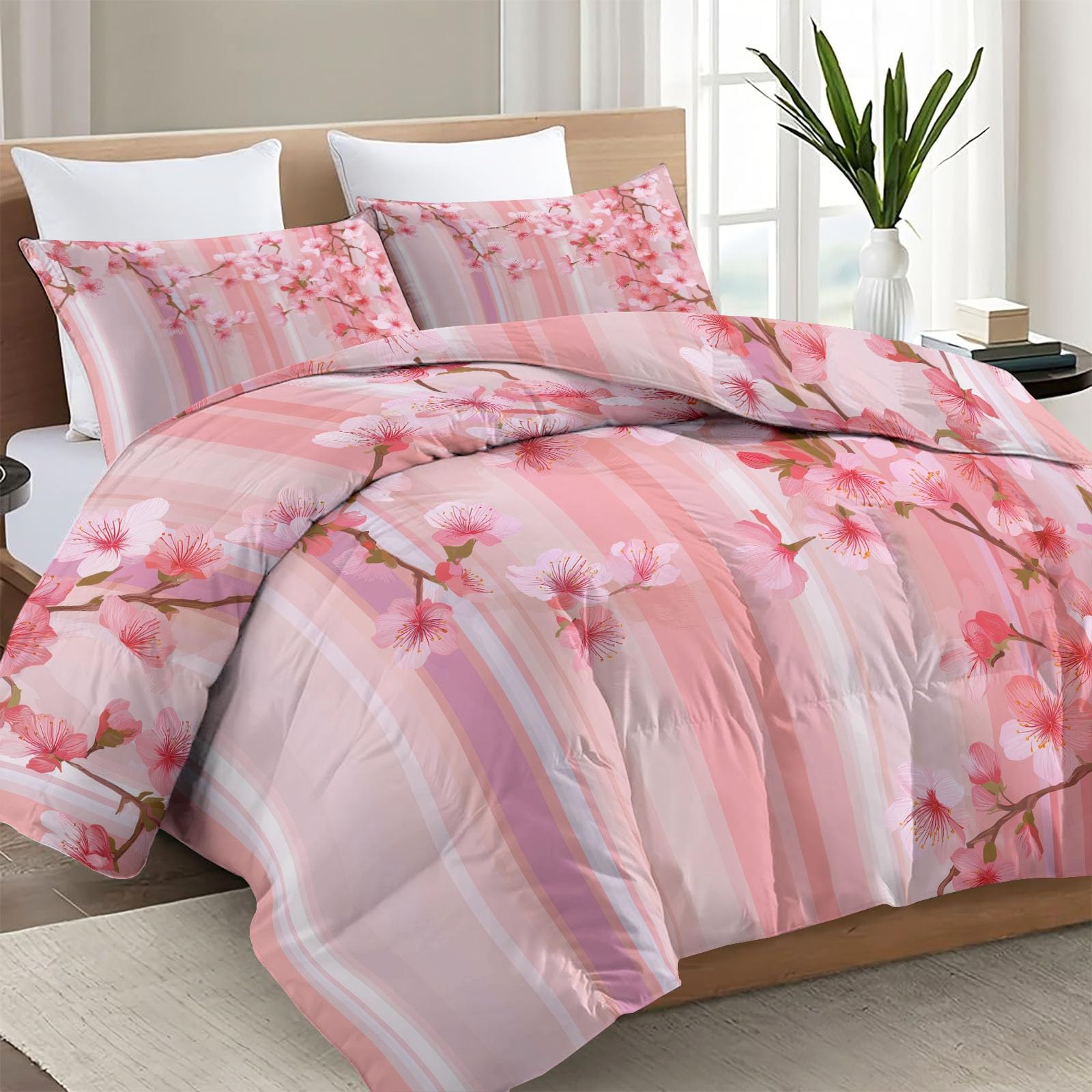 Bettdecke Einfach 4 Jahreszeiten, Kirschblüten Vertikale Streifen Leicht Weiche & warm Steppdecke für Doppelbett Einzelbett, 155 x 220 cm Waschbare Wende Daunendecke Set mit 2 Kissenbezug, Hellrosa