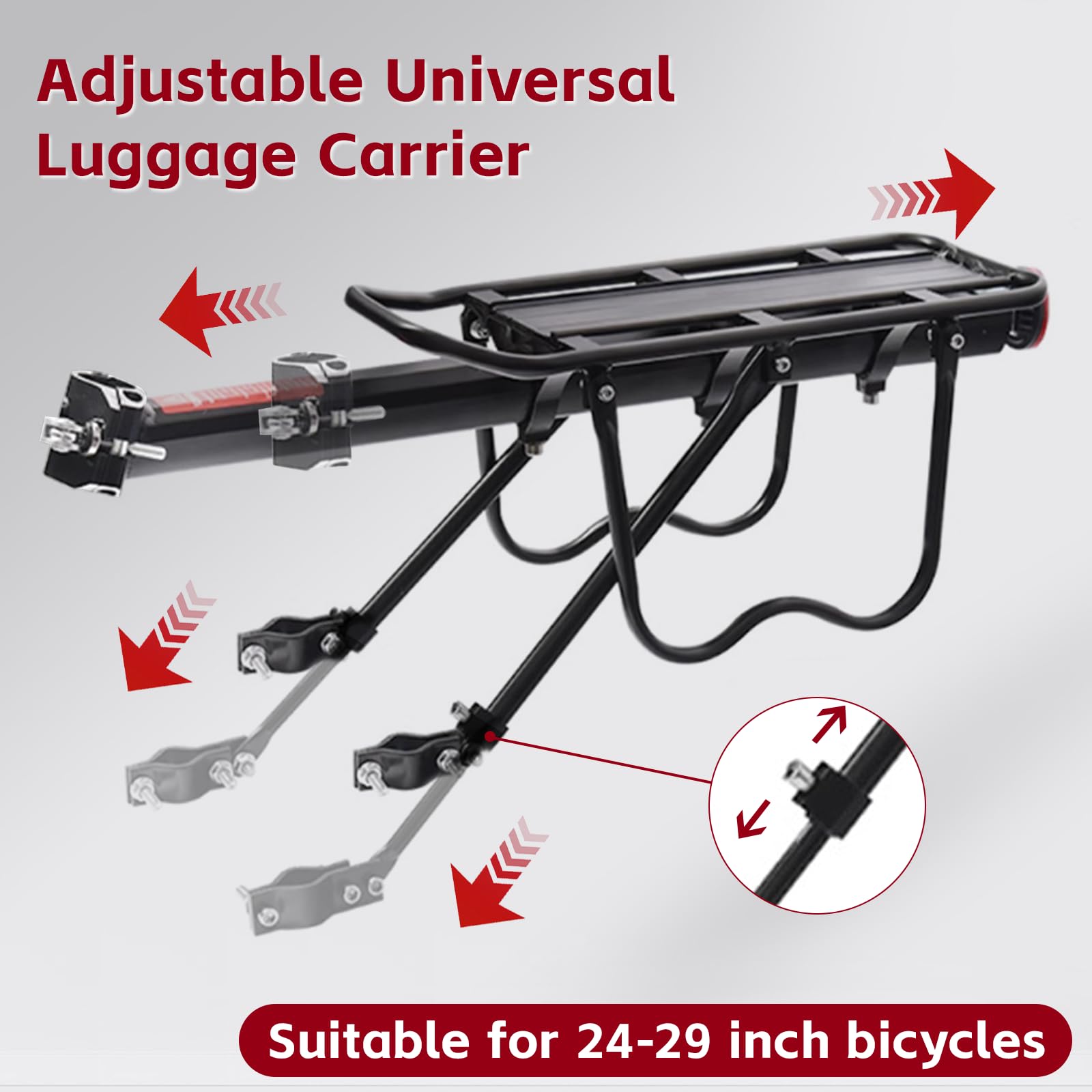 Portapacchi per Mountain Bike, Portapacchi Bici Alluminio Universale Regolabile, Capacità Portata Massima 50 kg, Carrier Rack con Riflettore 24–29 Pollici, Installazione Rapida