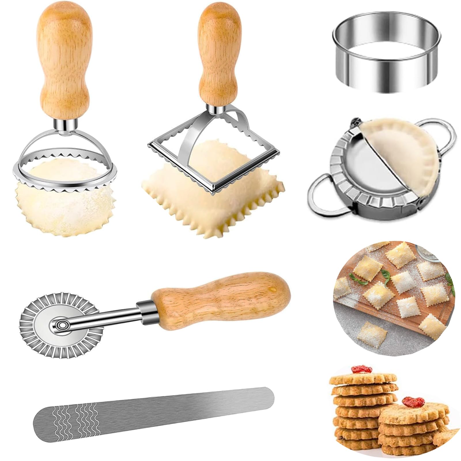 Raviolimesser-Set (6er-Set) Mit Knödelformer Aus Edelstahl Und Teigrad. Aus Hochwertigem Eichenholz Und Edelstahl. Ideal Für Ravioli,Polnische Knödel,Nudeln Und Mehr