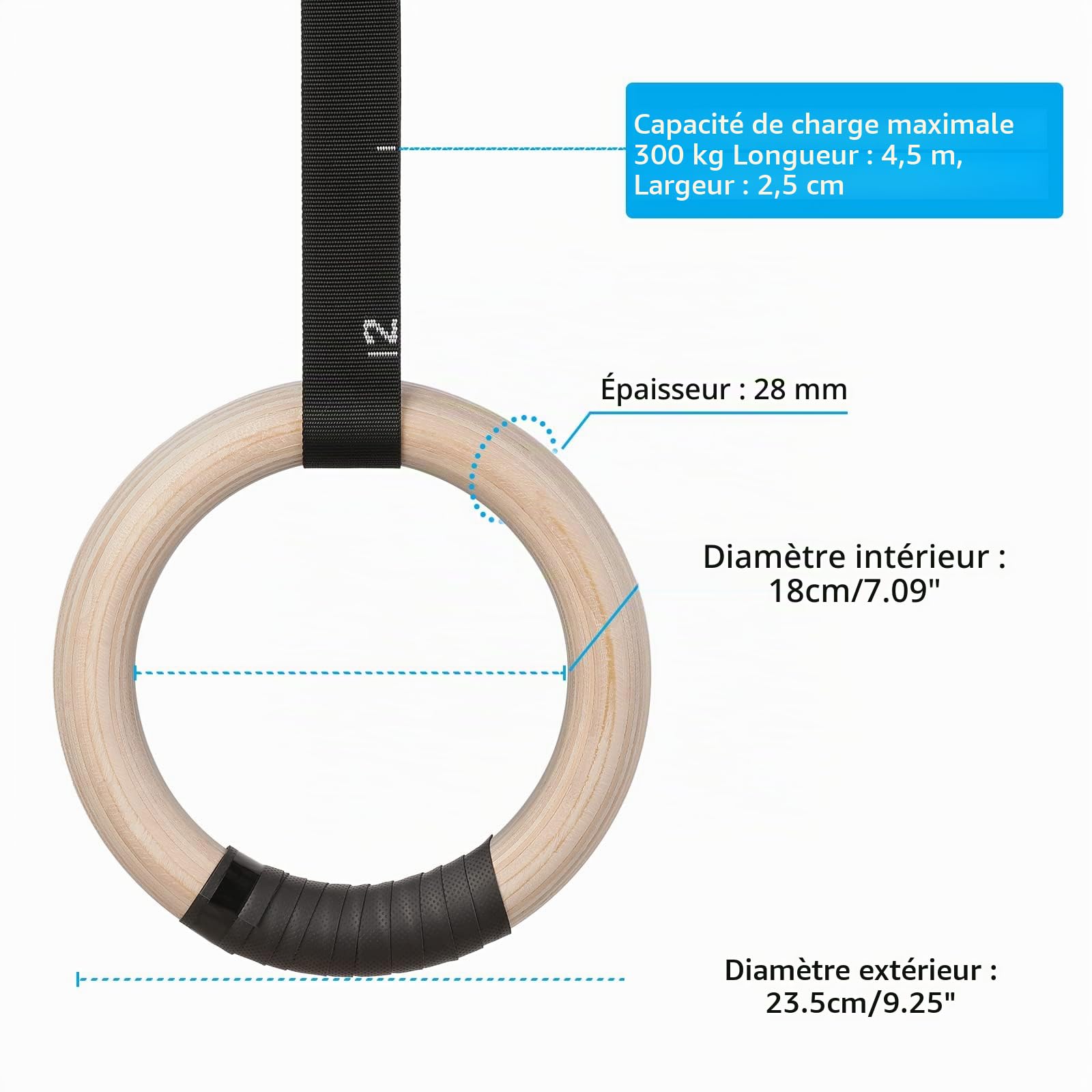 LIFERUN Anneaux de Gymnastique en Bois 28mm, Anneaux Sport Olympique avec Sangle Antidérapante, Boucle Réglable et Marqueurs - Anneaux d'entraînement pour Entraînement Complet du Corps