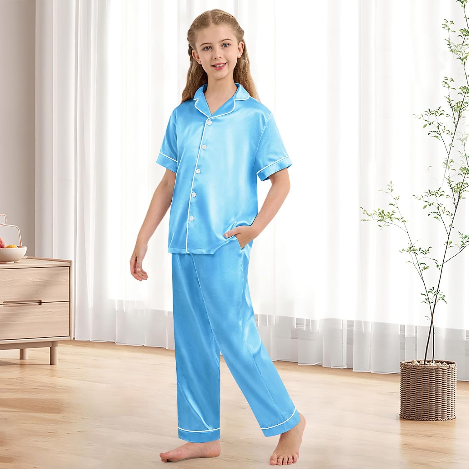 Weixinbuy Girls Pajamas Set Button Down Short Sleeve Pjs Satin Pajamas Sleepwear Lounge Set 3Pcs Pjs for Teen Kids Girls Boys - Image 2