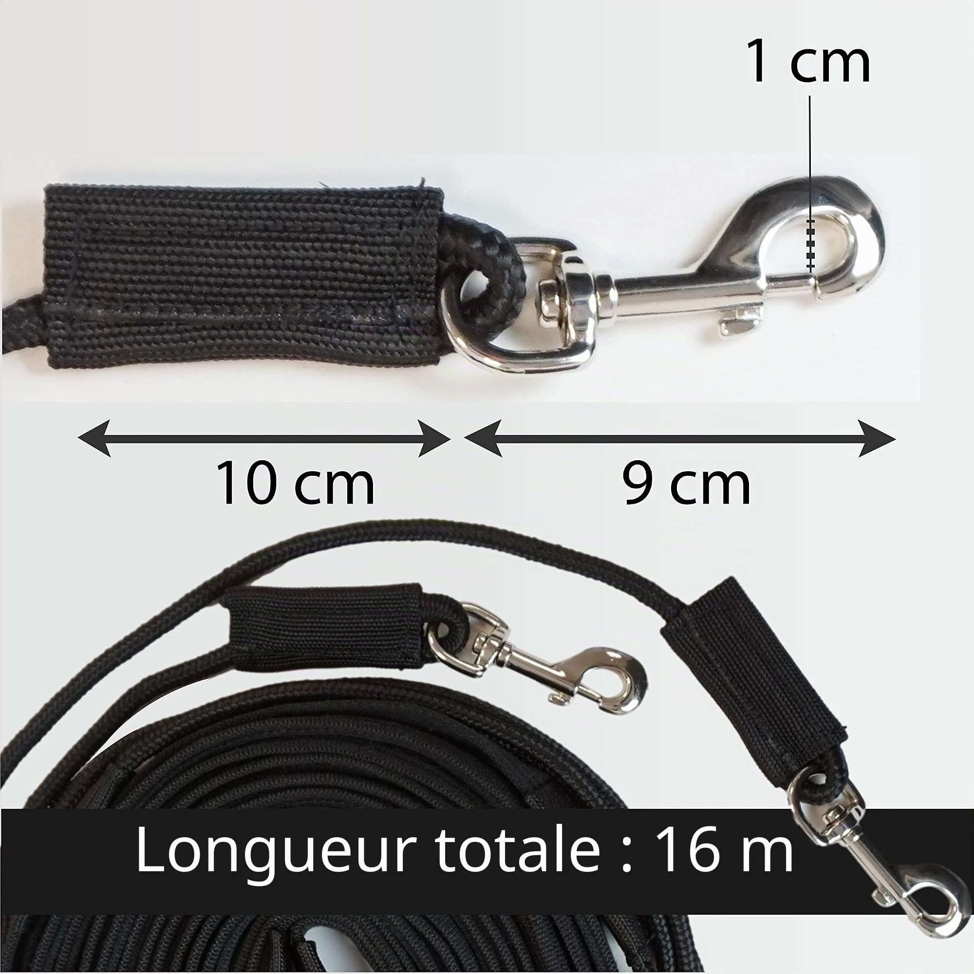 Laisse double longe pour cheval, idéale pour le travail au sol, pour la gymnastique, longueur : 16 m (1 double longe, noir)