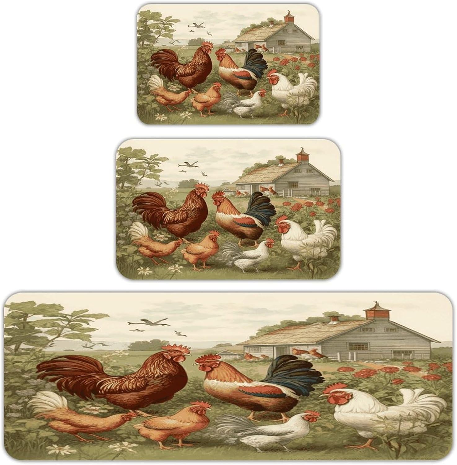 Chickens and Farm Kitchen Mats Soft Absorbent Rugs for Floor Non Slip Washable Kitchen Mats Fashion Rectangular Rugs for Three-Piece Set for Laundry Office Home Sink