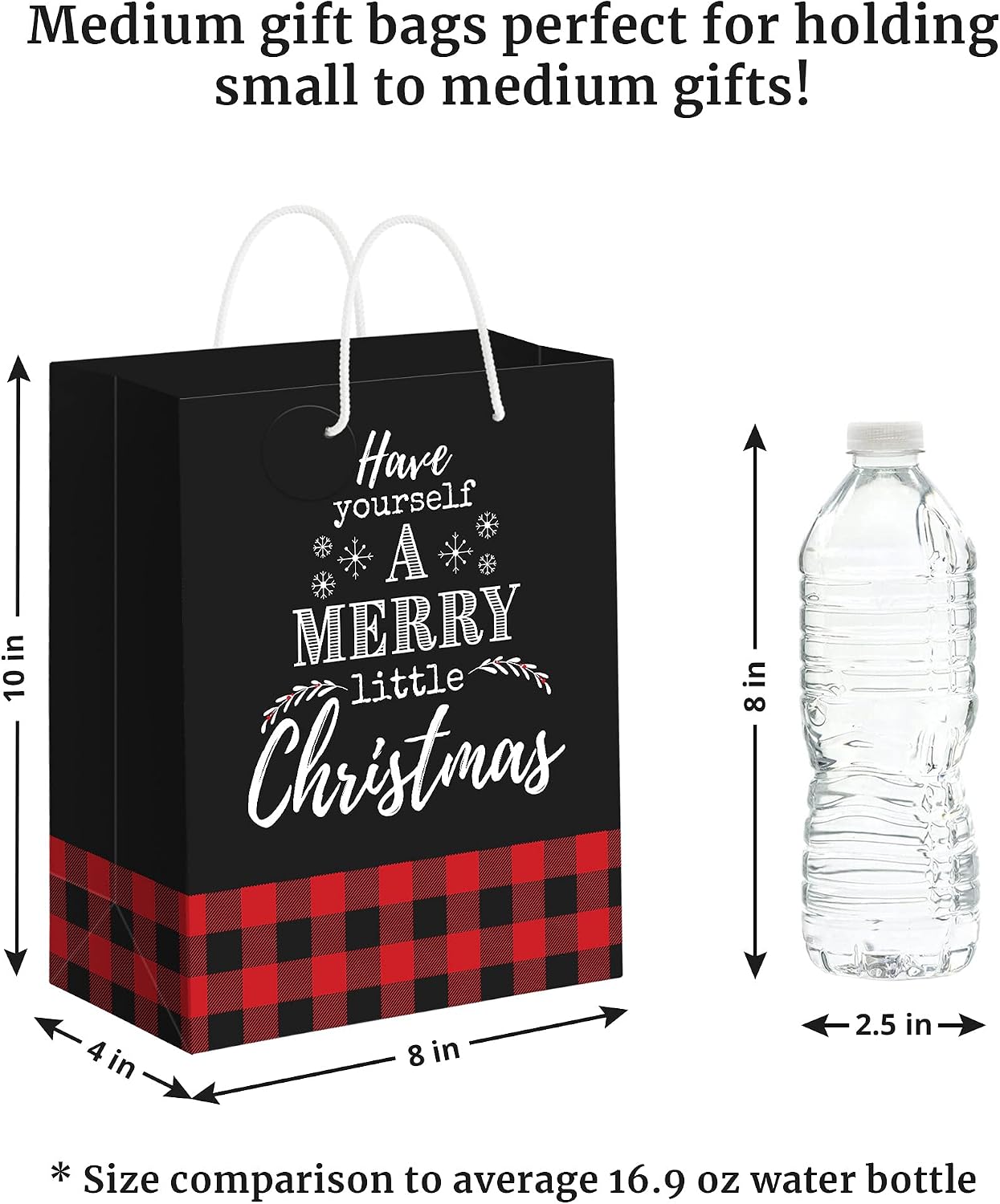 Perfect Occasion Plaid Christmas Gift Bags - 6 Pack - Medium Size 10" Red & Black Buffalo Plaid Gift Bags With Handles & Name Tags - Assorted Xmas Gift Bags with 6 Holiday Sayings - 6 Pack