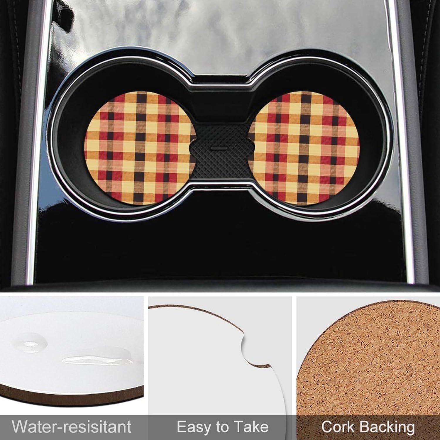 Red Plaid Checkered Cute Car Coasters 2.56 Inch Absorbent Cup Holder for Drinks Auto Interior Accessories