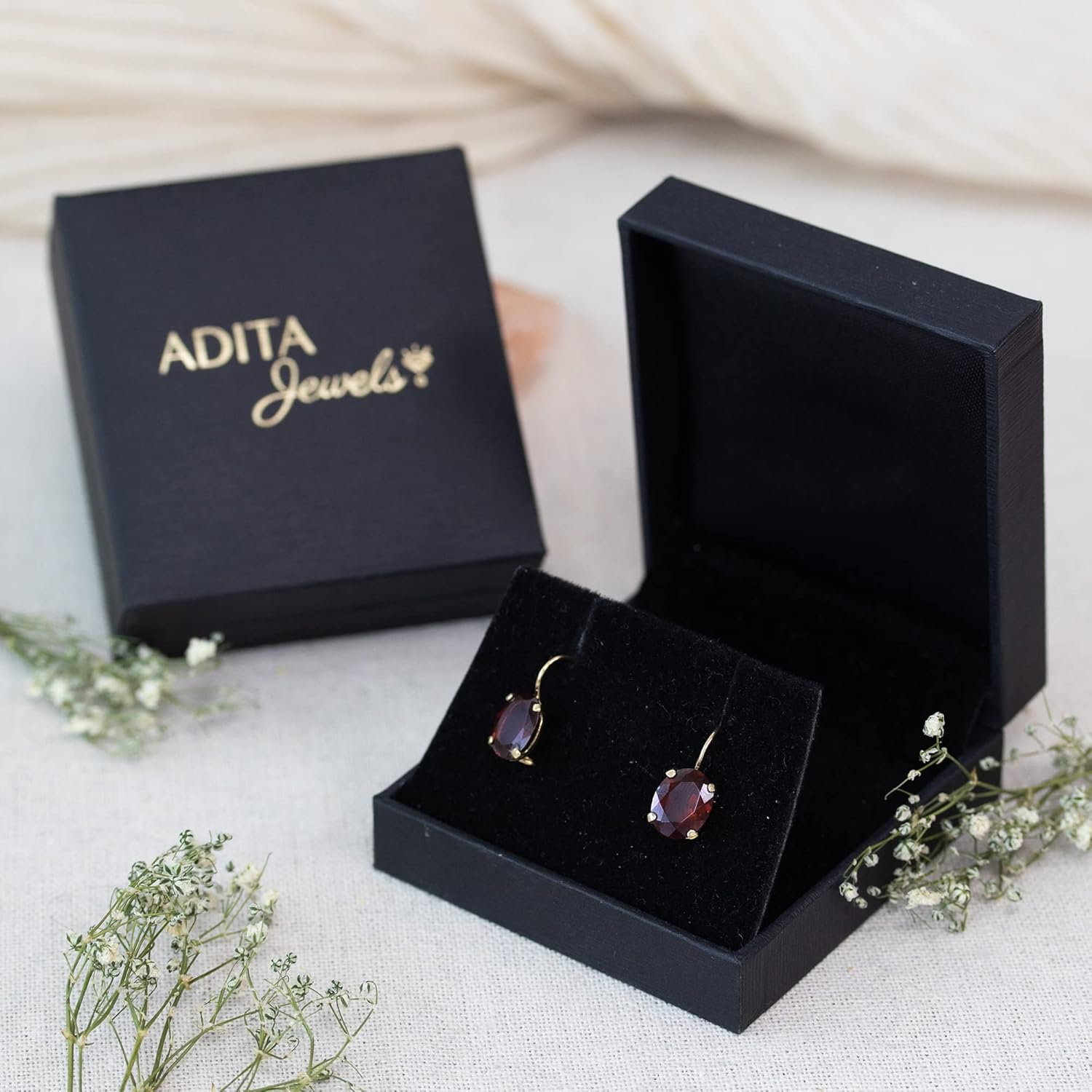 14K Gold Garnet Earrings for Women - 8x10mm Oval Gemstone - Garnet Gold Earrings - Timeless Gold Dainty Dangle Drop Earrings - January Birthstone Earrings