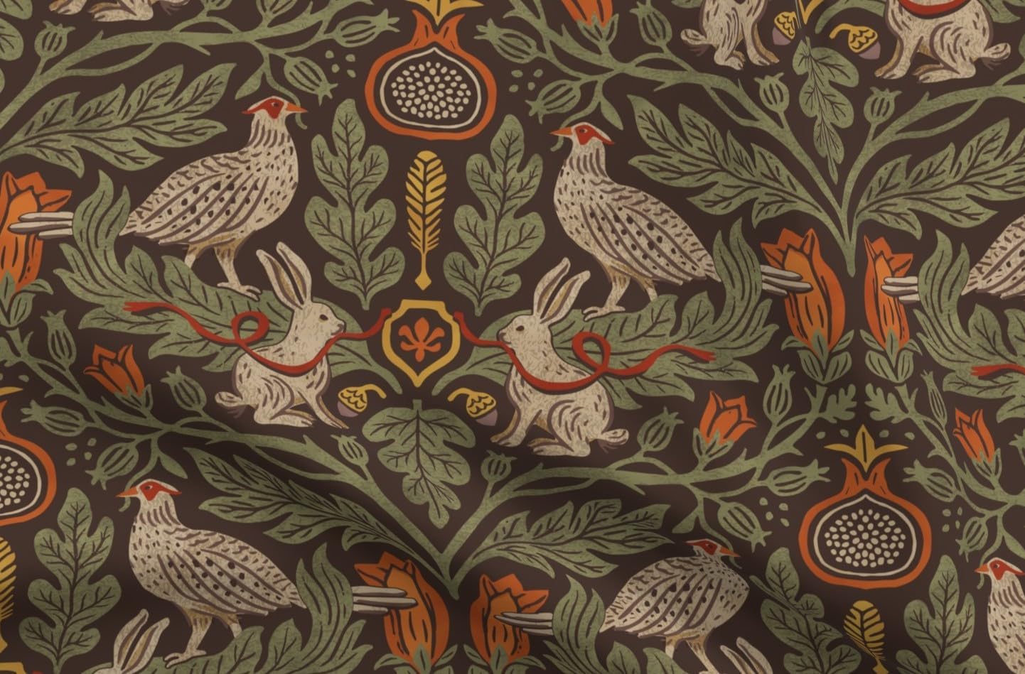 Spoonflower Fabric - Whimsical Rustic Pheasants Rabbits Floral Botanical Oak Leaves Printed on Petal Cotton Fabric Fat Quarter - Sewing Quilting Apparel Crafts Decor